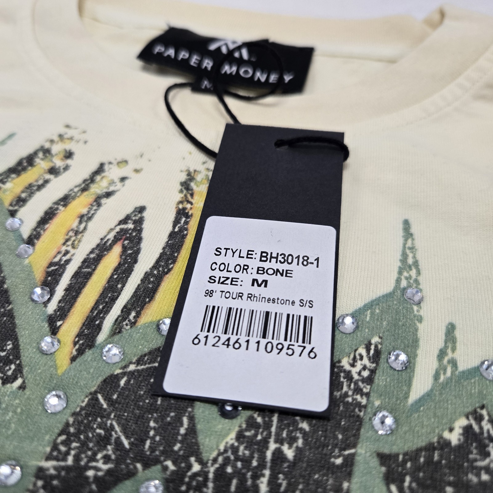 NWT Sz M Oversized* Paper Money 98&prime; Tour Rhinestone Graphic Tee Bone Beige Shirt