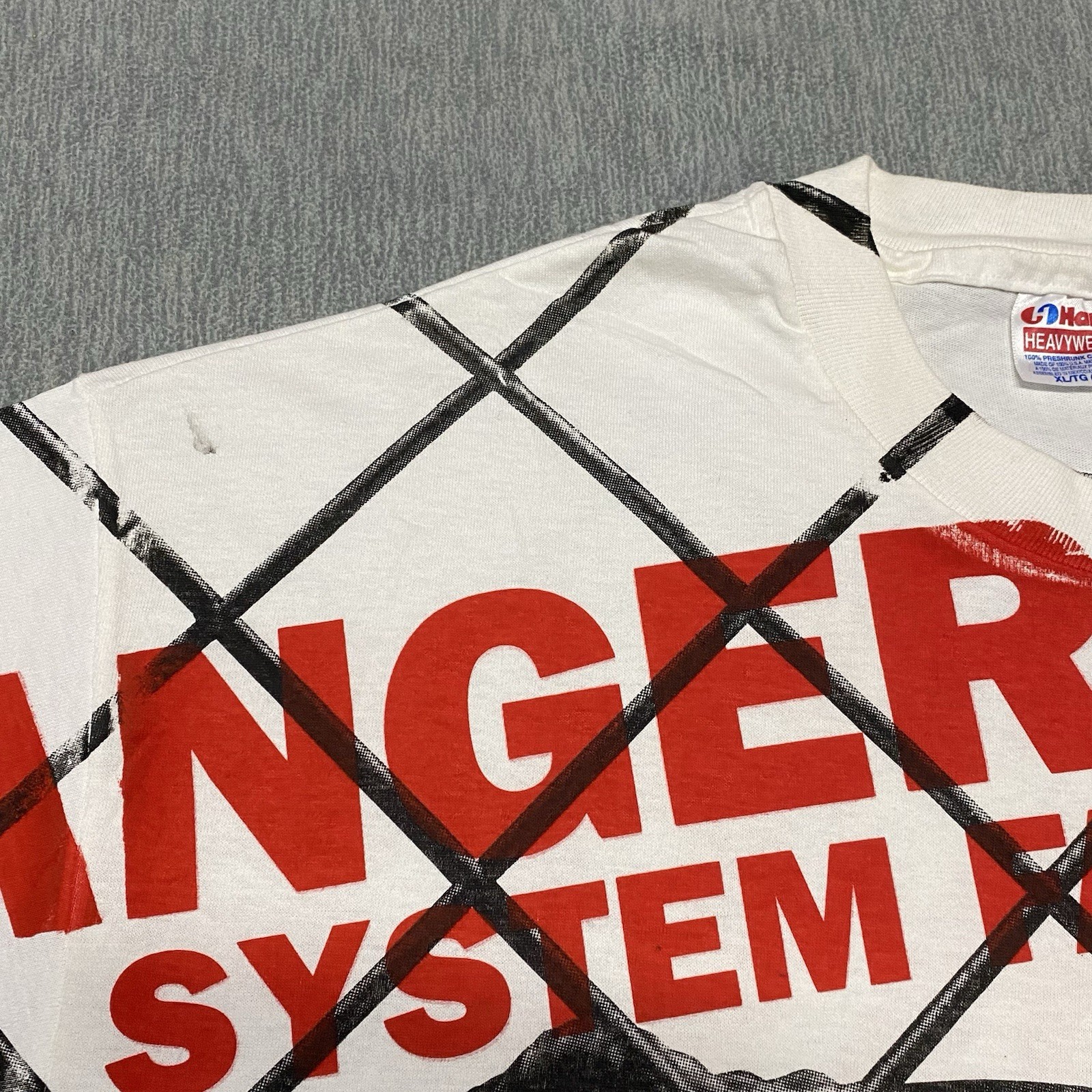 Vintage Jurassic Park Shirt XL Velociraptor AOP Cage Danger 1993 Movie Promo 90s