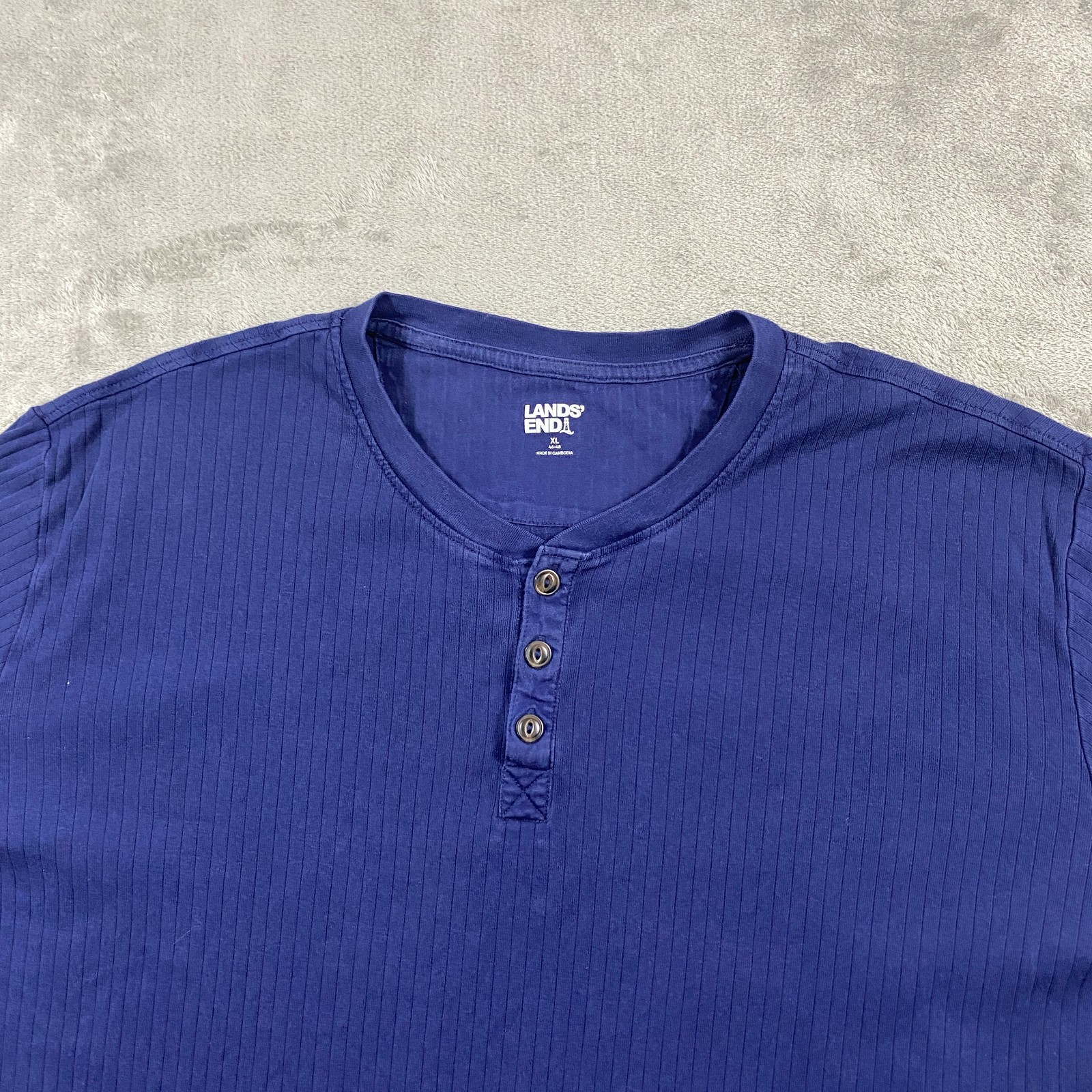 Lands&rsquo; End Henley Shirt Men&rsquo;s XL Navy Blue Long Sleeve Vertical Rib Knit Cotton