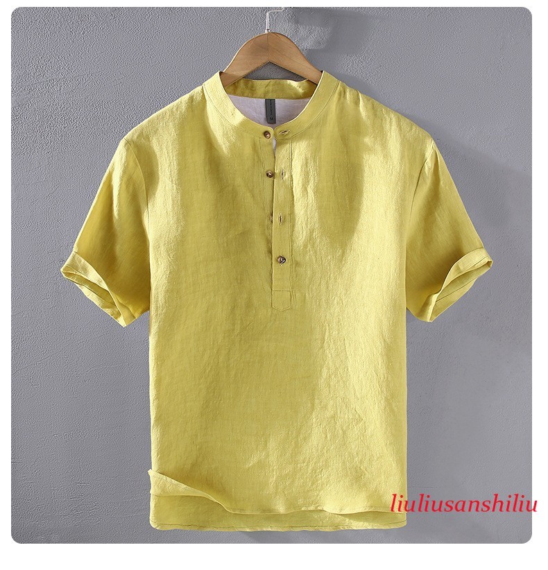Retro Style Short Sleeve Pullover Mens Stand Collar 100% Linen Shirt Half Button