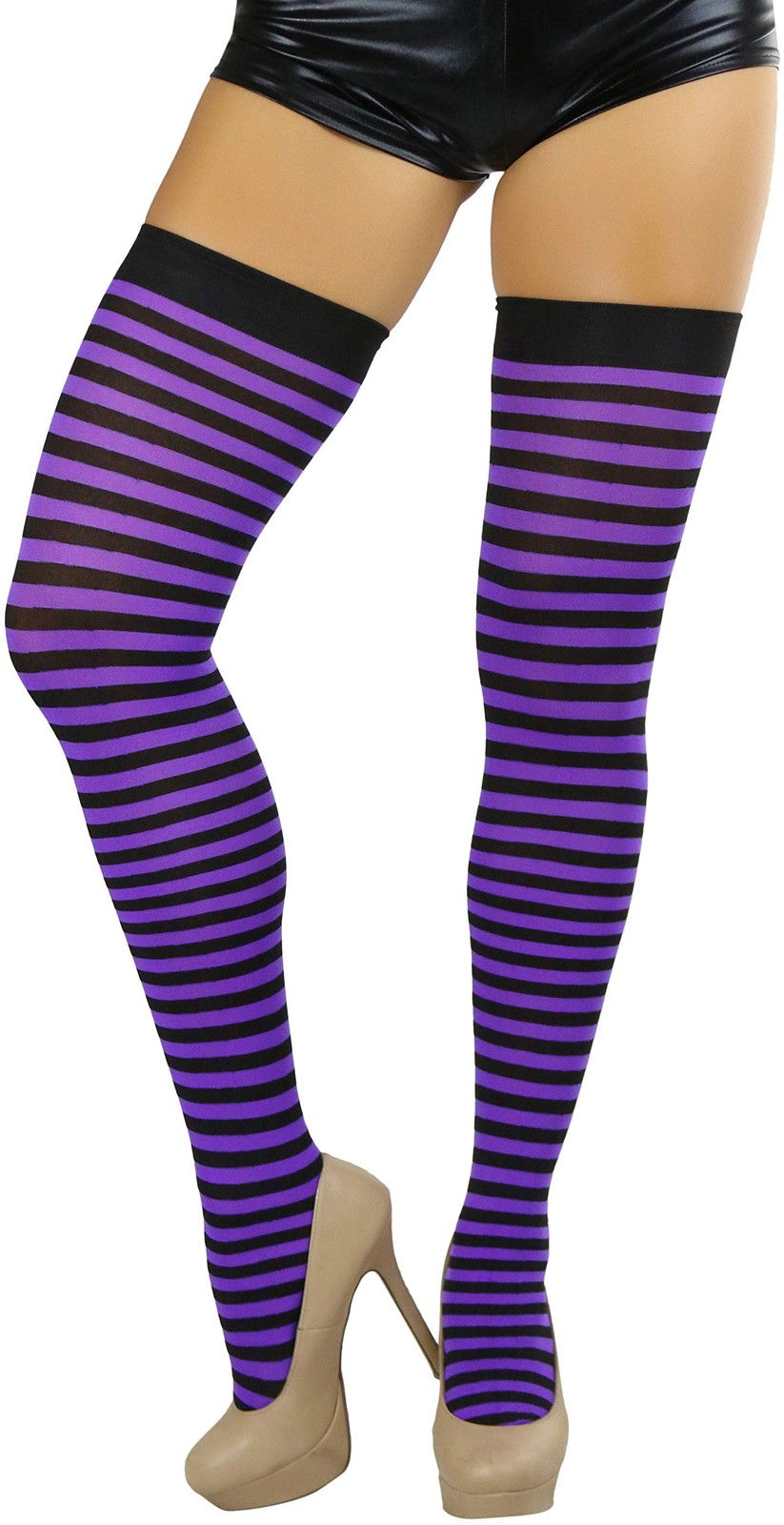 Women’s Opaque Hoseiry Thin Striped Thigh High Long Stocking – Black W/Purple…