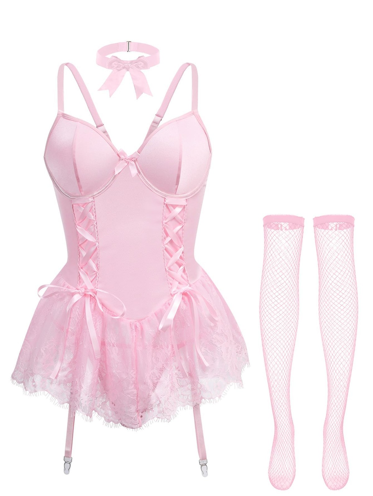 Sexy Choker Corset Underwire Lace Sheer Garter Stockings Babydoll Lingerie Se…