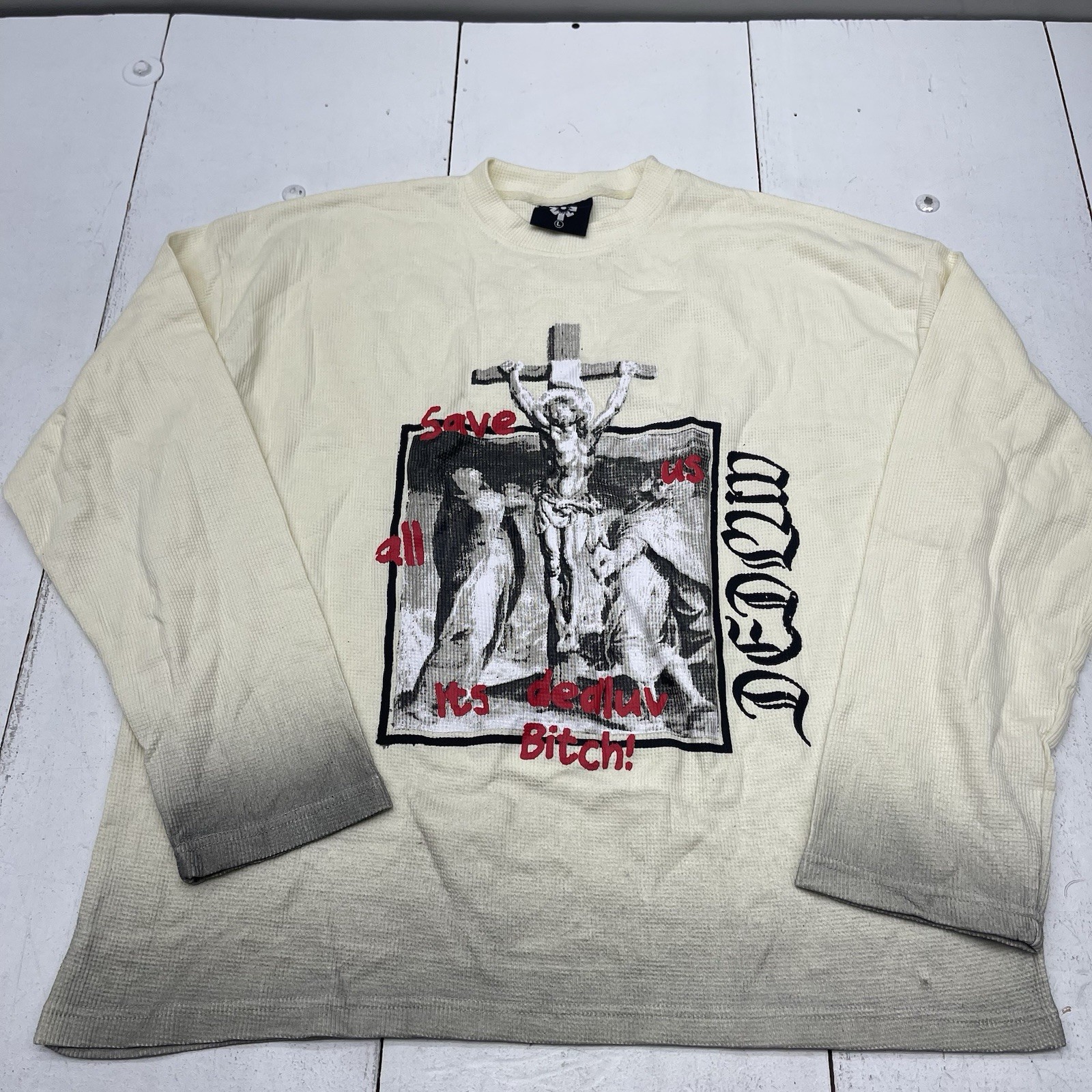 Dedluv Studio Ivory Save Us Long Sleeve Distressed Thermal T Shirt Mens Size L