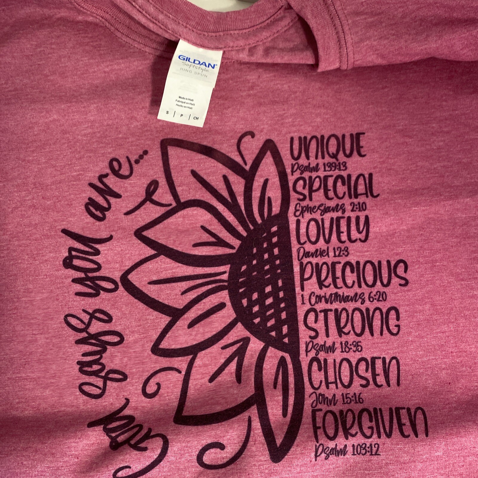 Gildan Soft style God Says You Are Tee Religious Scripture Pink Small 27 In Long