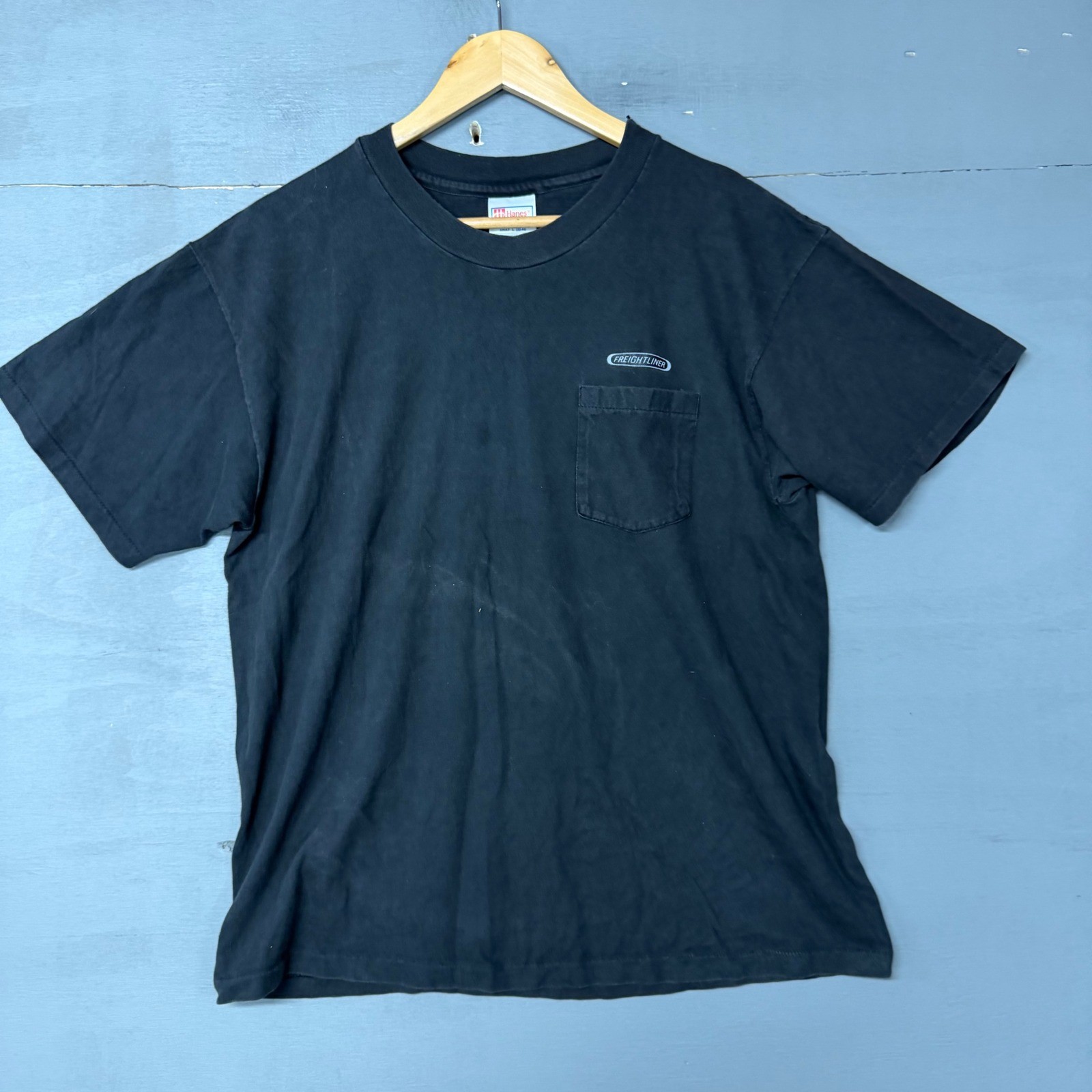 Vintage Hanes Beefy-T Freightliner Truck Graphic Pocket T-Shirt Black Mens L
