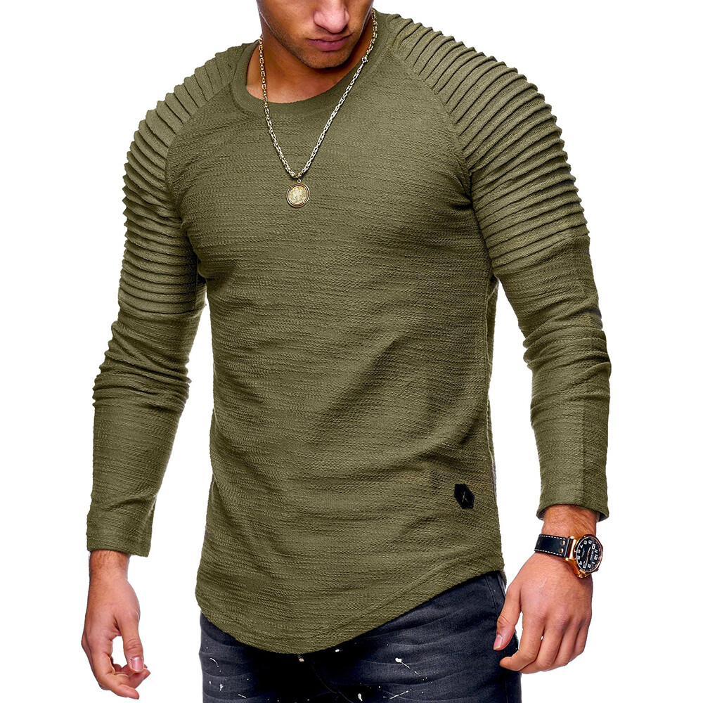 Mens Muscle T Shirt Slim Fit Top Gym Crew Neck Long Sleeve Plain Tee Shirt UK