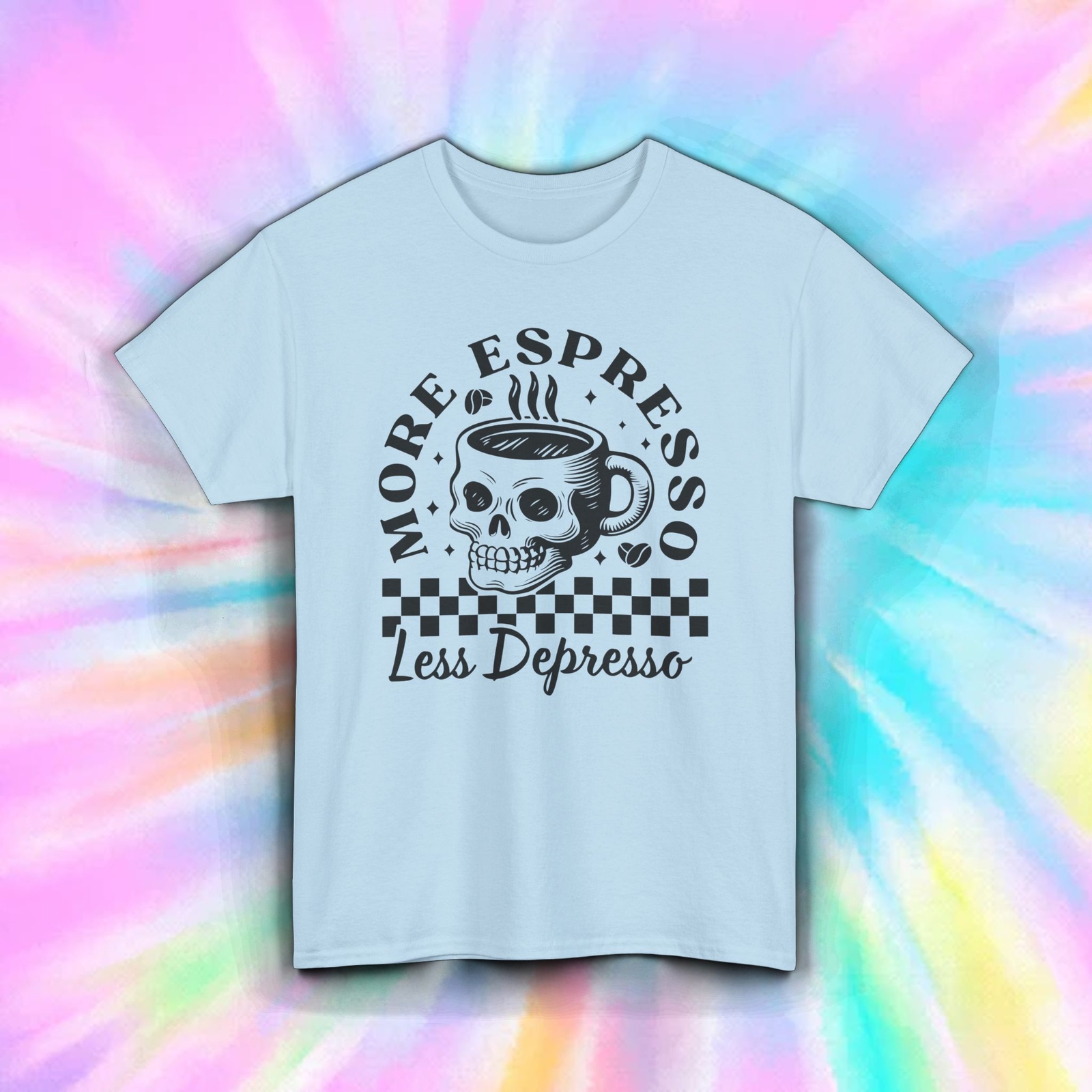 More Espresso Less Depresso Shirt Coffee Skull Caffeine Funny Quote Tee S-5XL