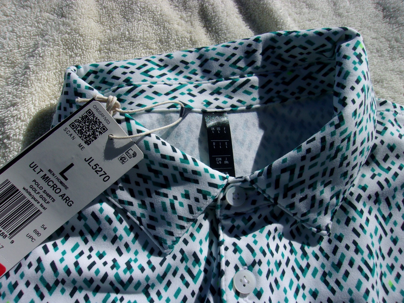 NWT Adidas polo, men&rsquo;s L, or XL, white, green & black print, poly. blend, $80