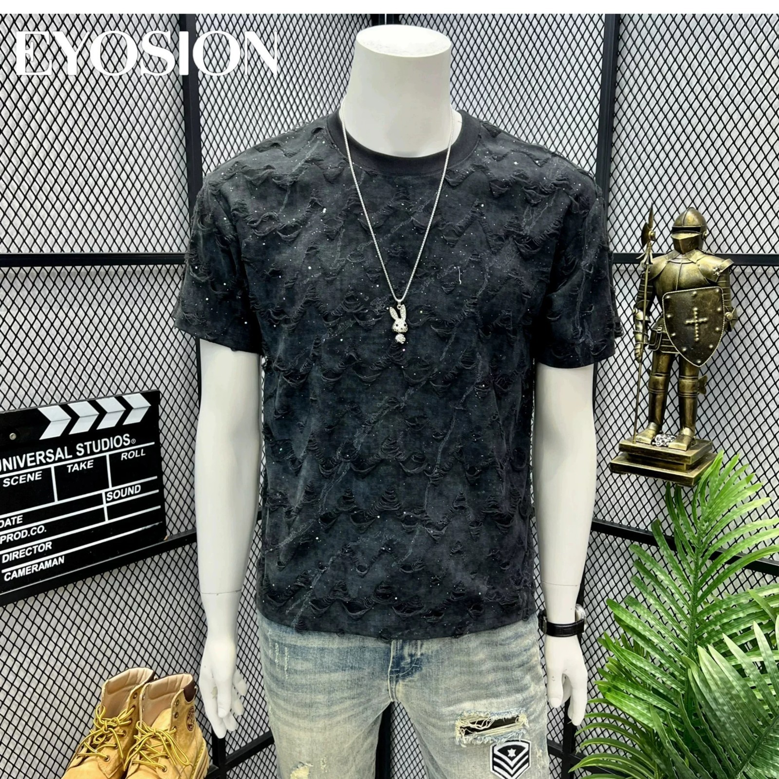 Men Distressed Ripped Star T-Shirt Tie Dye Short Sleeve Streetwear Hip Hop Tee