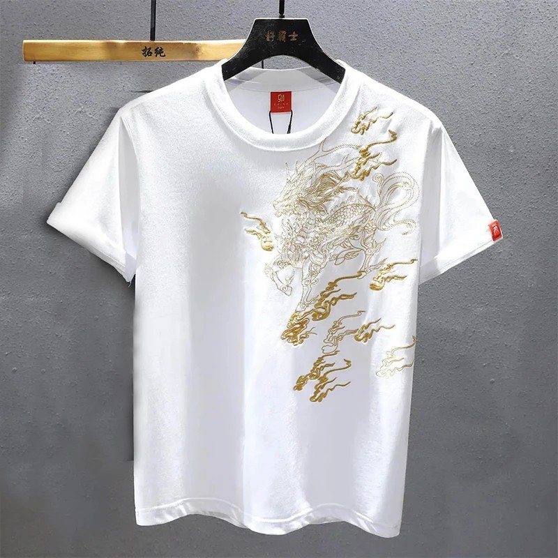 Men&rsquo;s Luxury Golden Dragon Embroidery T-Shirt Casual Fashion Slim Fit Tee Top