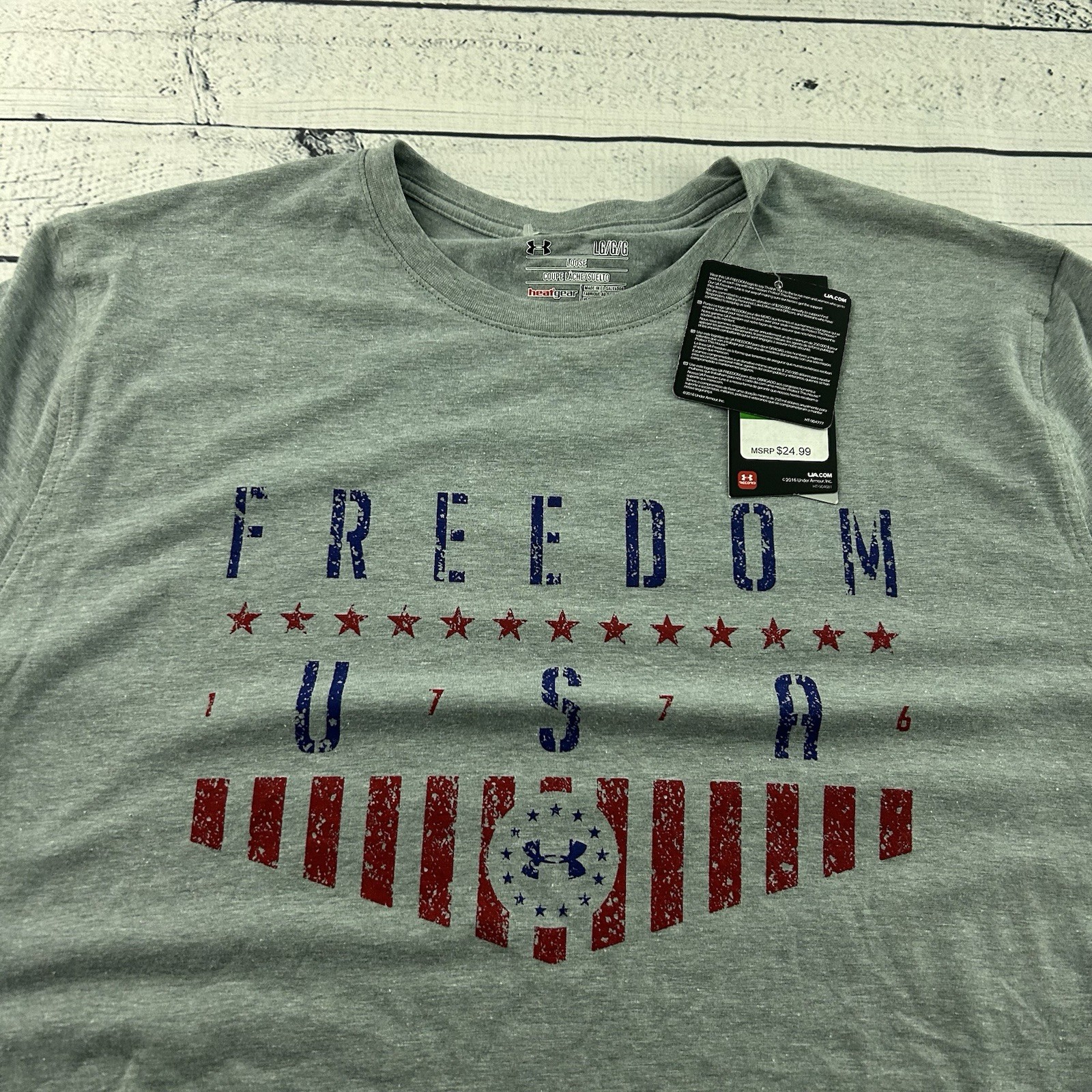 NEW Under Armour Loose Heatgear Freedom USA Short Sleeve T Shirt Mens Large Gray