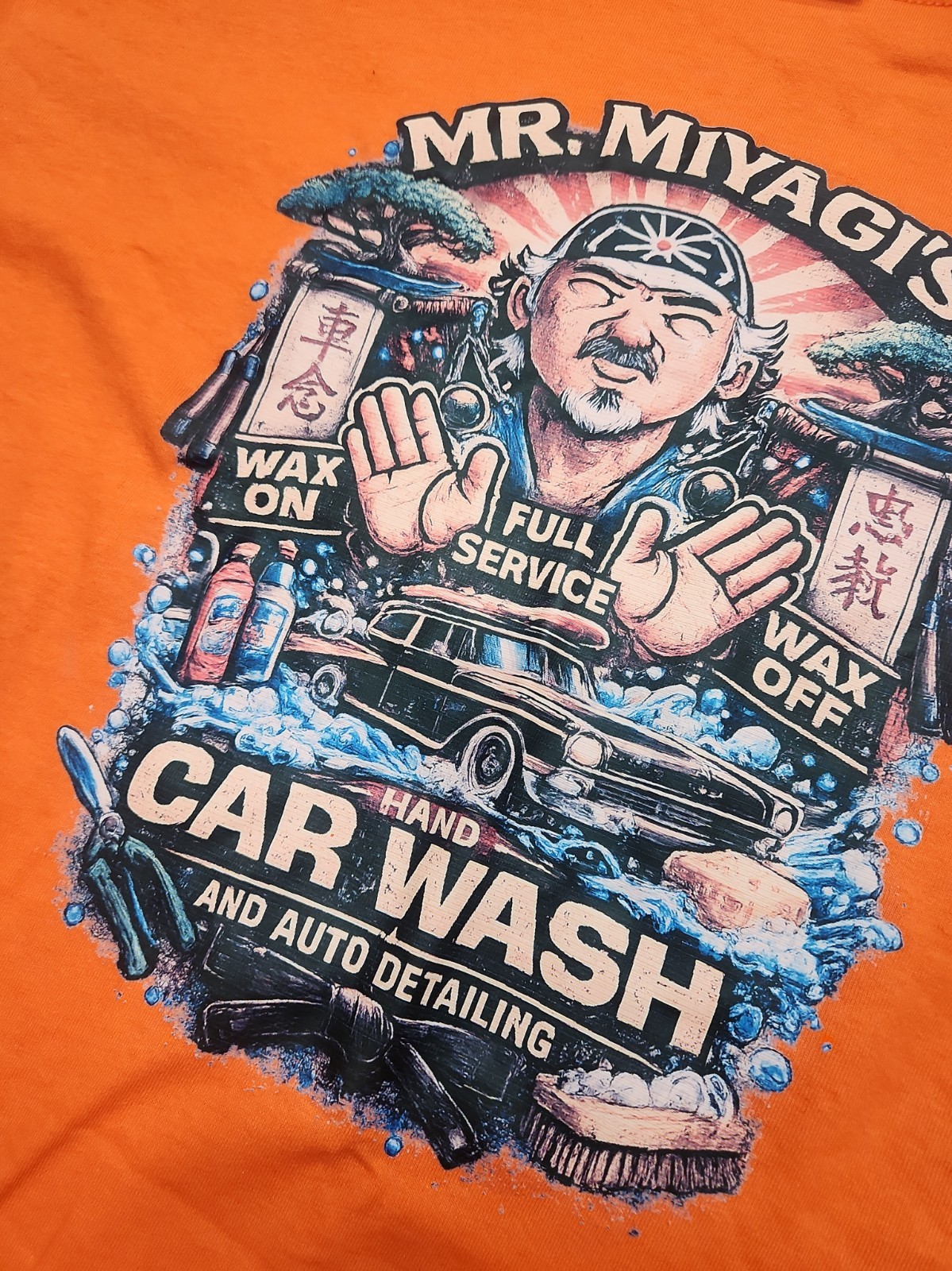 Mr Miyagi Hand Car wash Karate Kid T-shirt Adult XL Orange Funny Tee Full Color