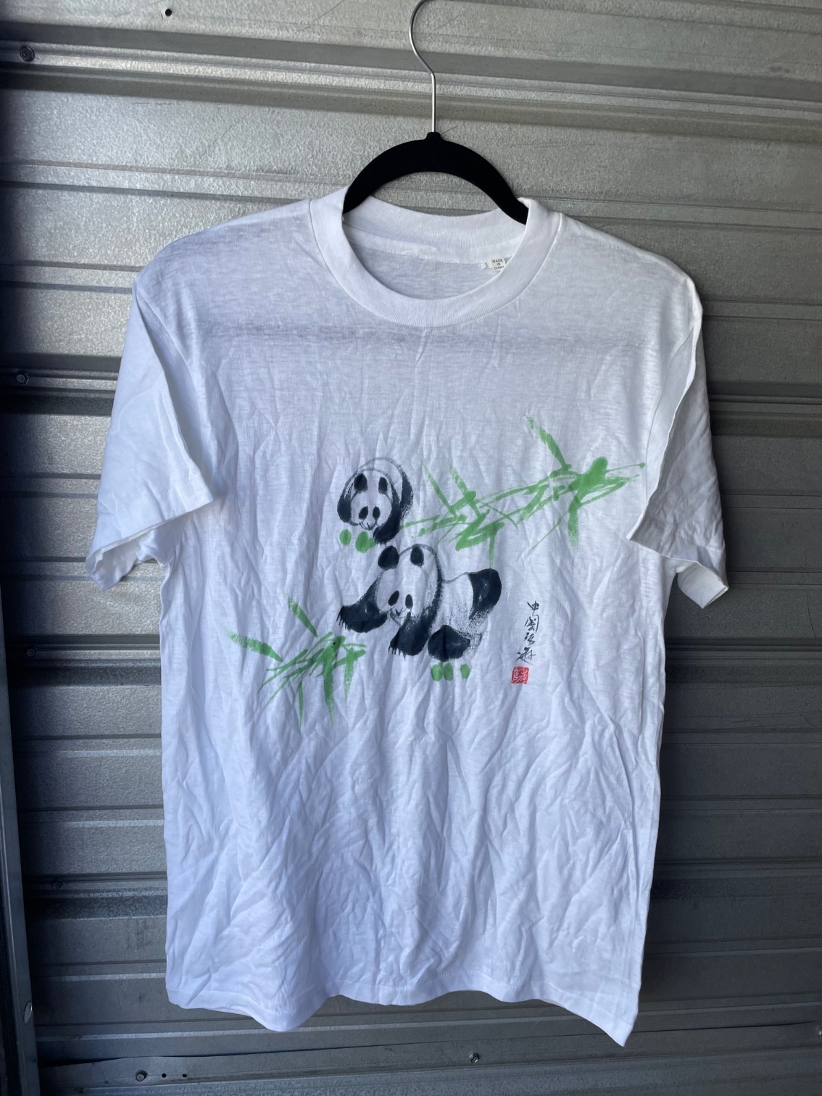Vintage 90&rsquo;s Hand Painted Panda Chinese White T-Shirt Single Stitch Men&rsquo;s M