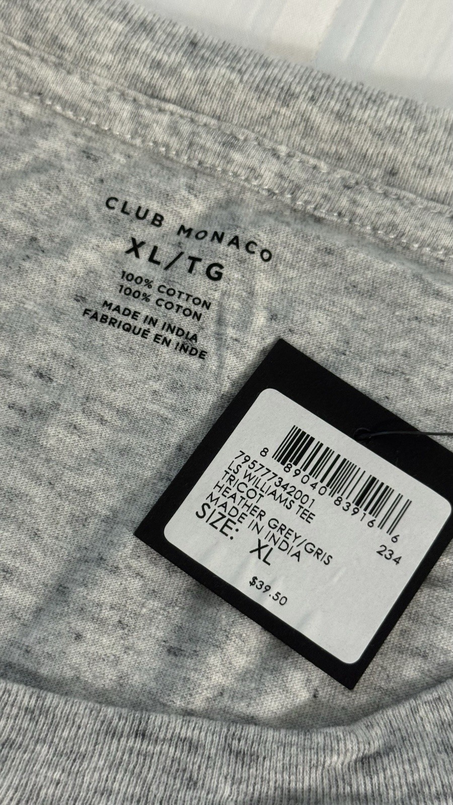 Club Monaco Men&rsquo;s XL Heather Gray Long Sleeve Crew Neck Pocket Cotton Knit Tee