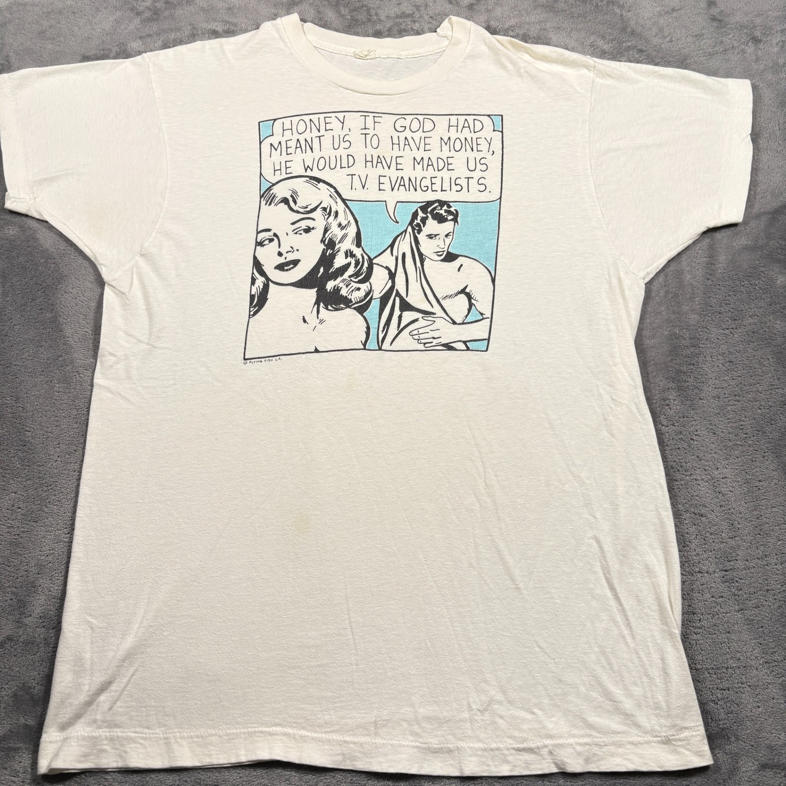 Vintage 90s Roy Lichtenstein Flying Fish LA Art T-Shirt Mens Large White Graphic