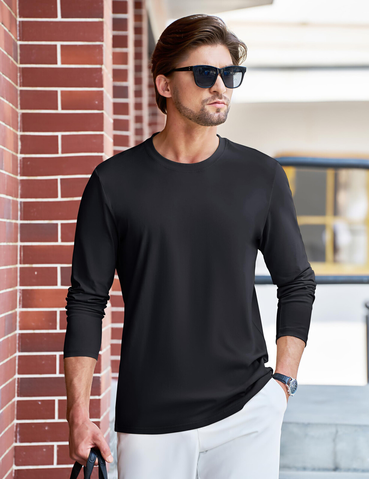 Mens Long Sleeve Shirts Cotton Moisture Wicking Undershirt Comfort Pullover Tops