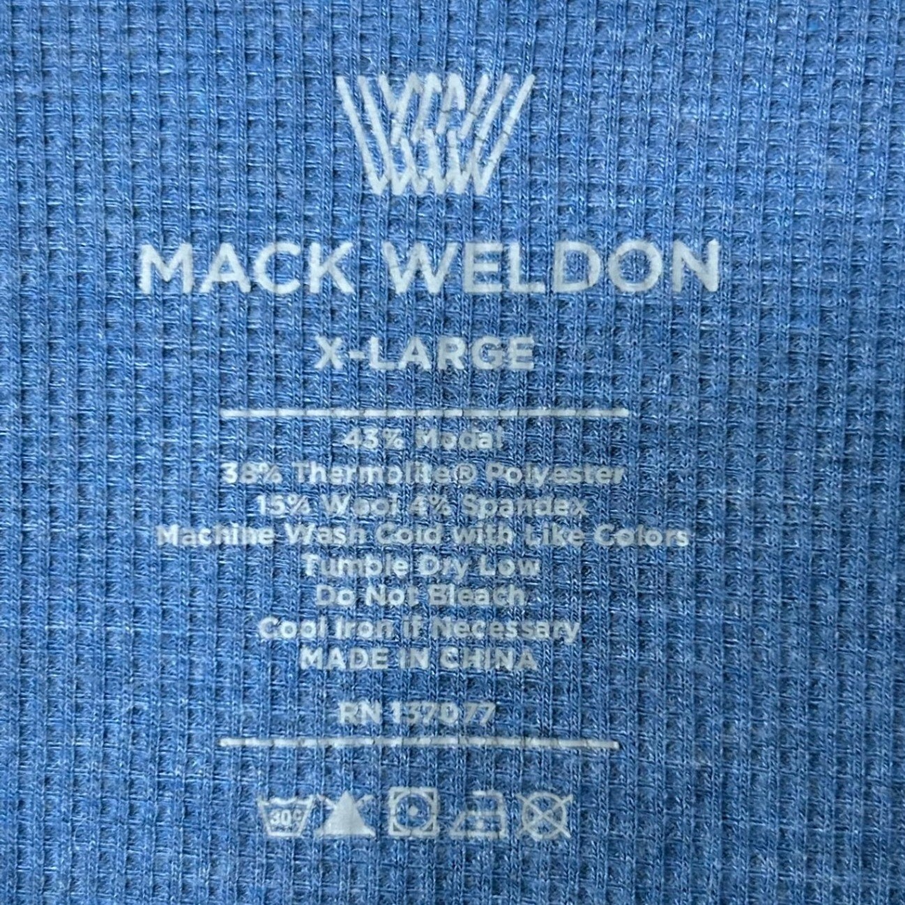Mack Weldon Shirt Men XL Blue Waffle Knit Thermal Wool Blend Long Sleeve Stretch