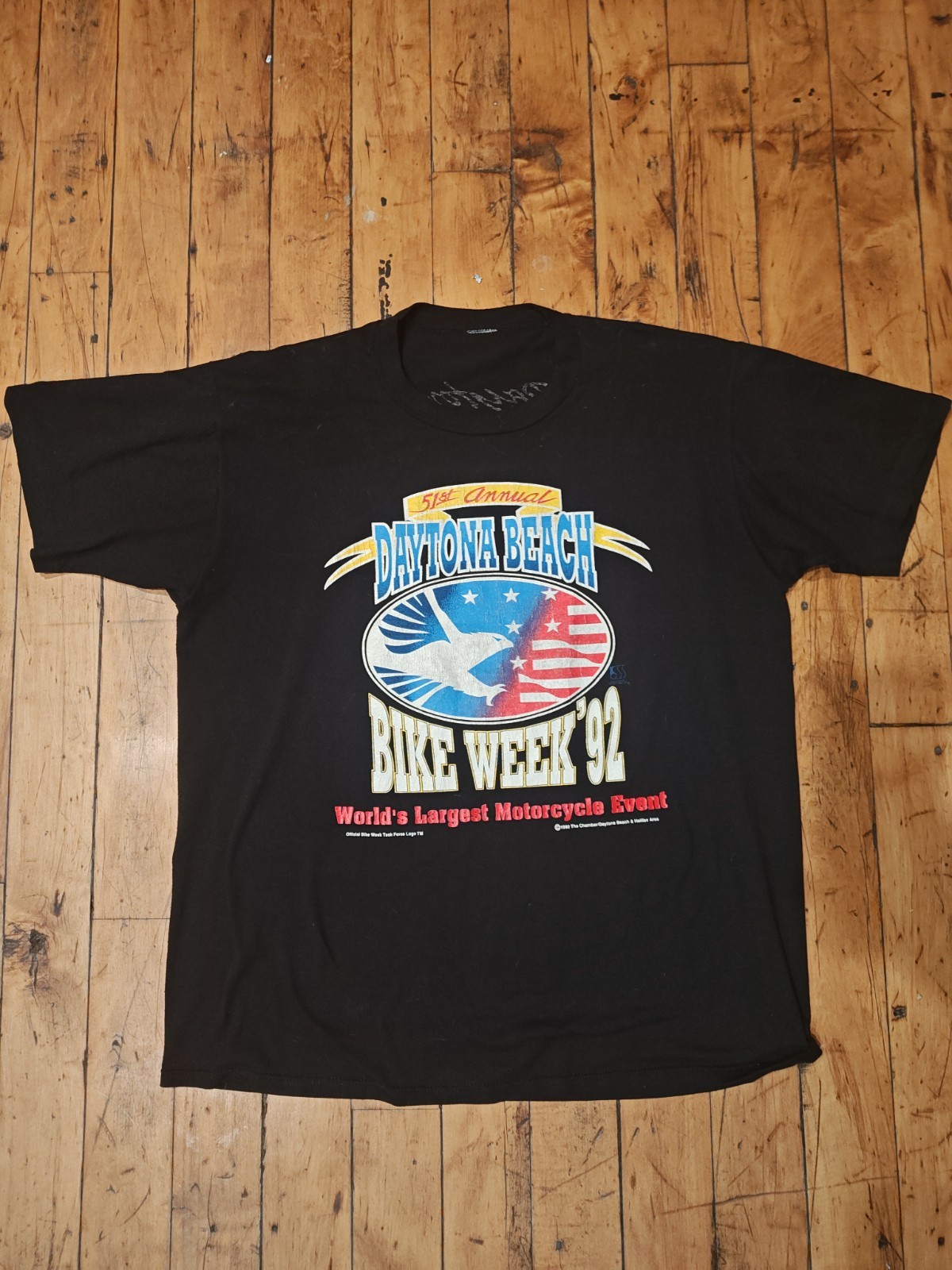 Daytona Beach Bike Week 1992 Graphic Print Black Cotton Crew Neck T-Shirt Large