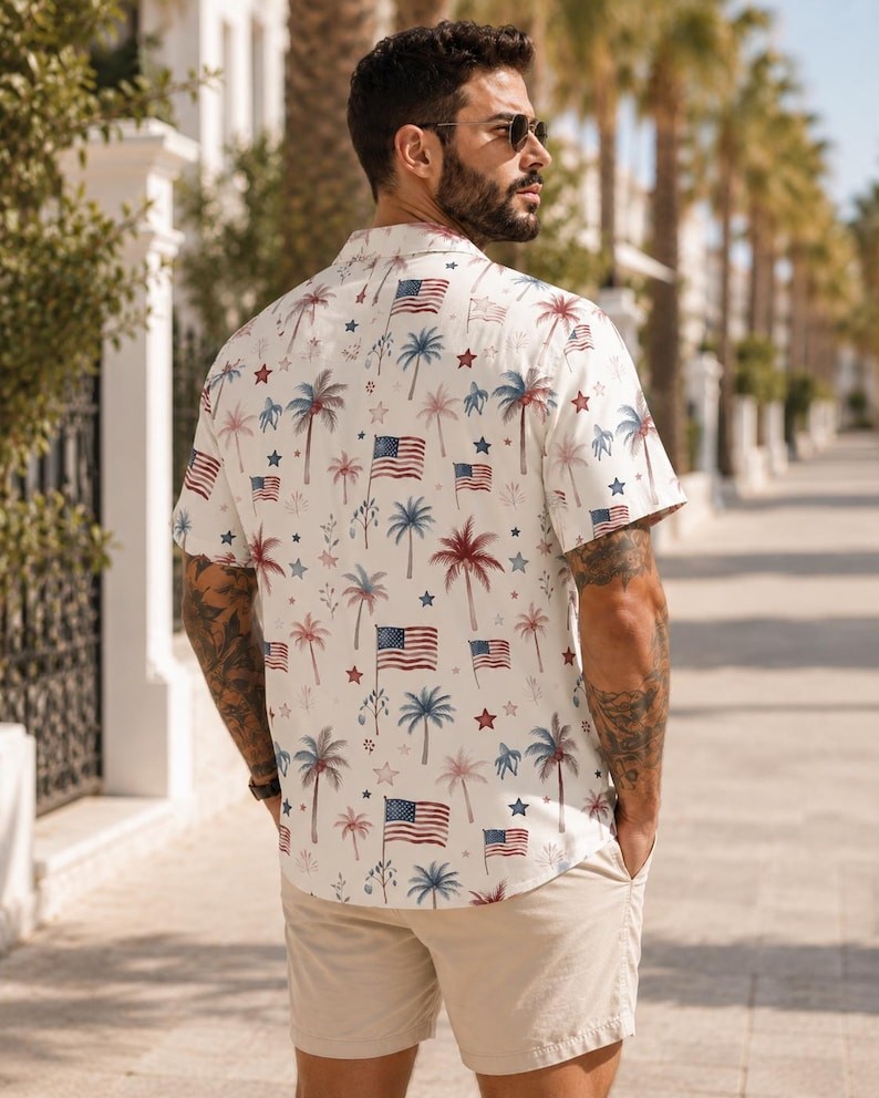 Patriotic Palm Tree Hawaiian Shirt For Men, American Flag 4th Of July Button Up