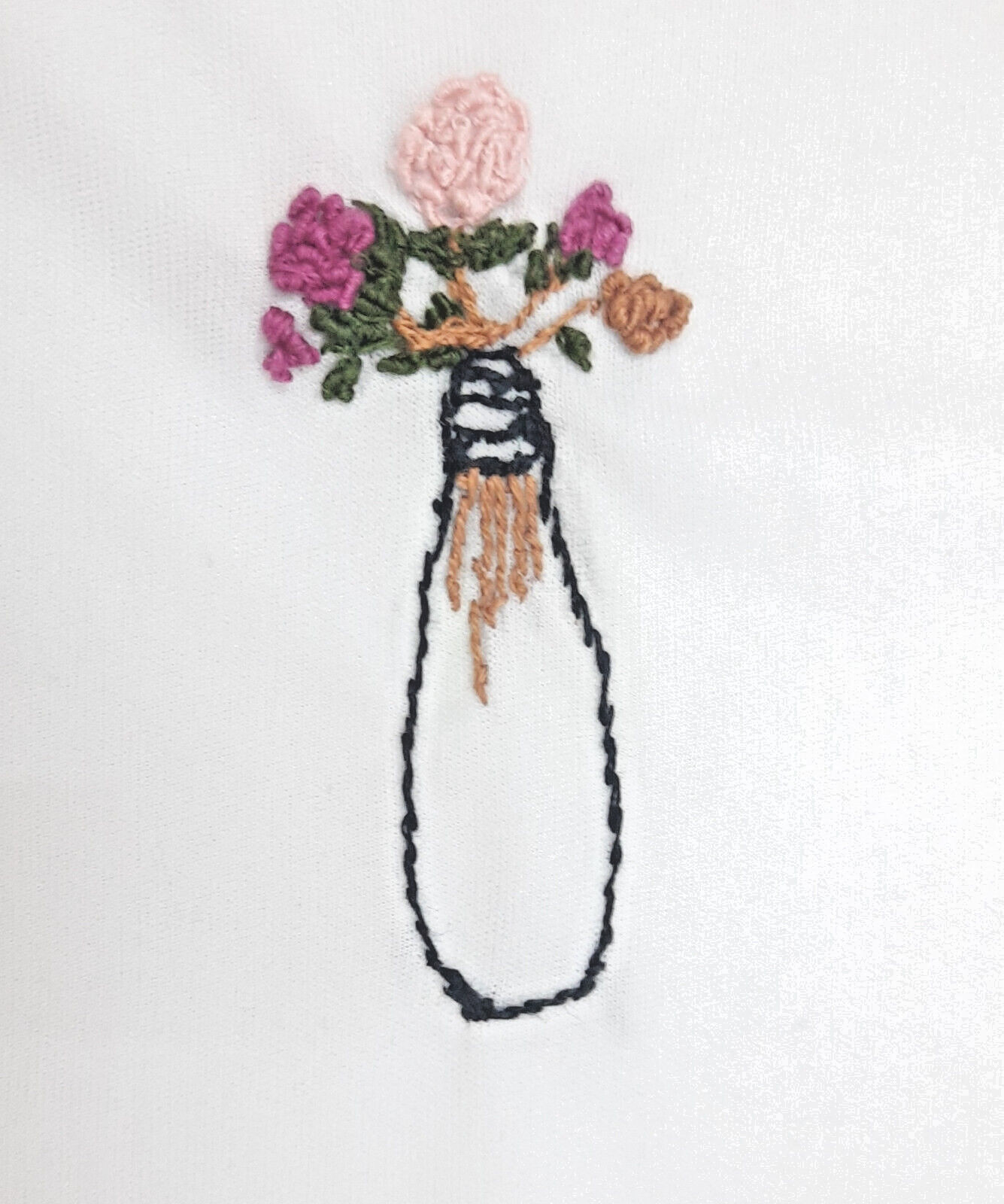 Hand Embroidered T-Shirt with Floral Vase Design – Unisex, Casual Wear Free Ship