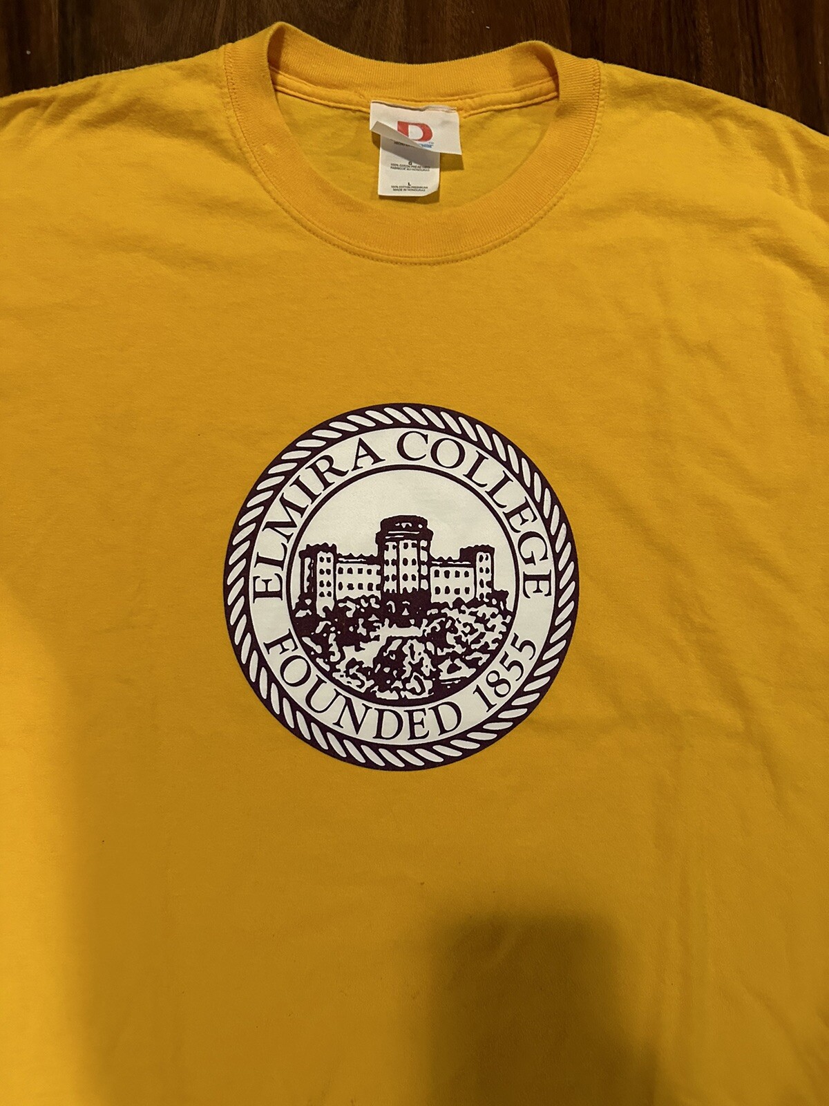 Rare Elmira College New York NY Yellow T Shirt Size Large Dodger Vintage