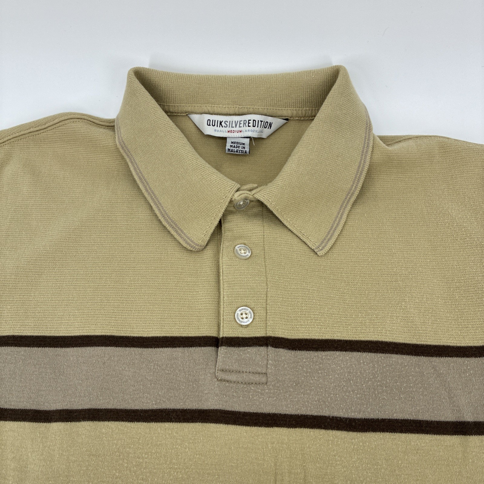 Vintage Y2K Quiksilver Polo Shirt Men Medium Beige Striped Ribbed Edition Surf