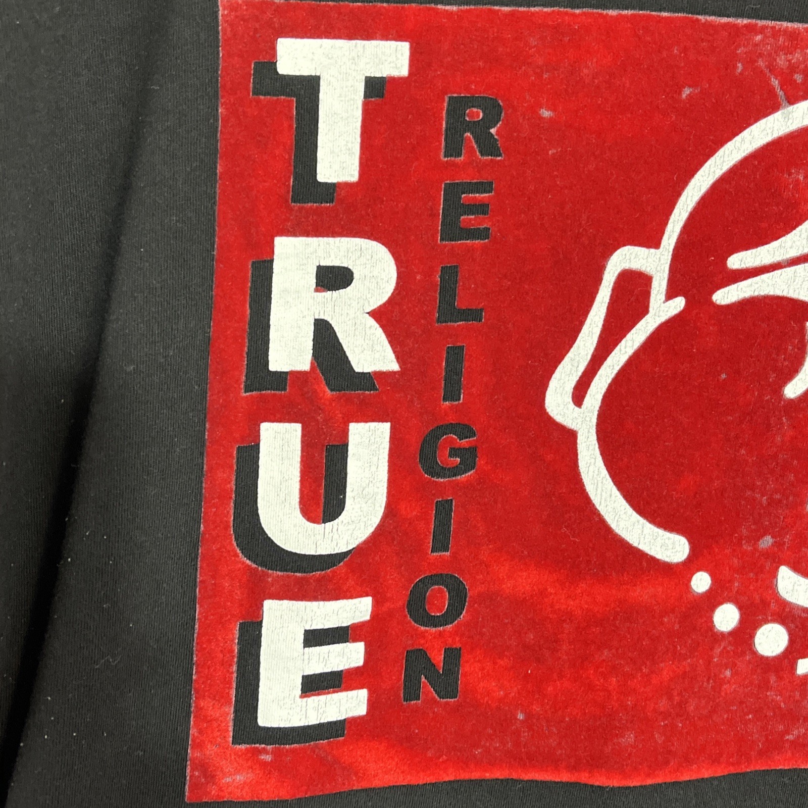 True Religion T-Shirt 2XL Flocked Buddha Logo Graphic Black Red Mens 106743