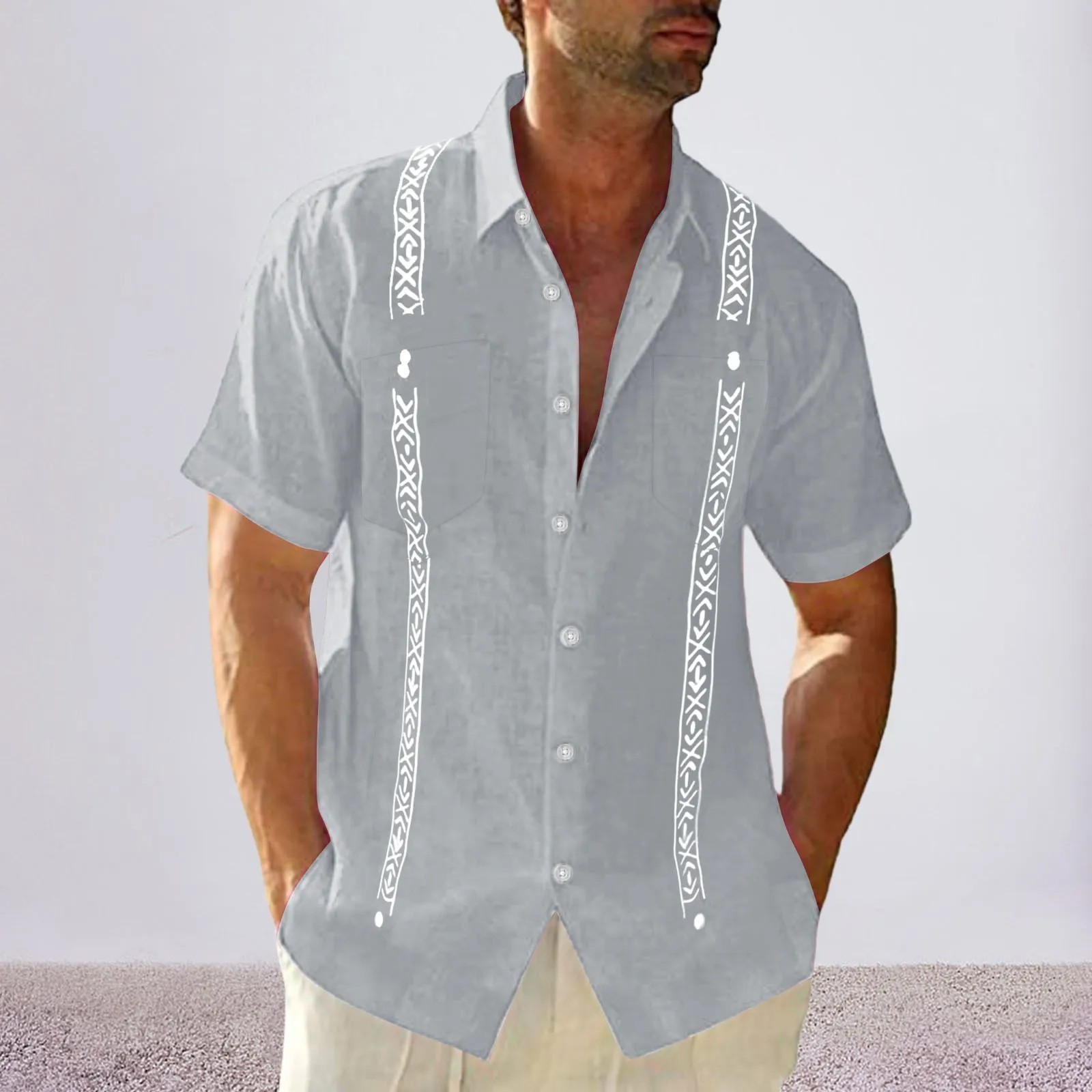 Men&rsquo;s Short Sleeve Button-Up Casual Cuban Guayabera Beach Wedding Dress Shirt