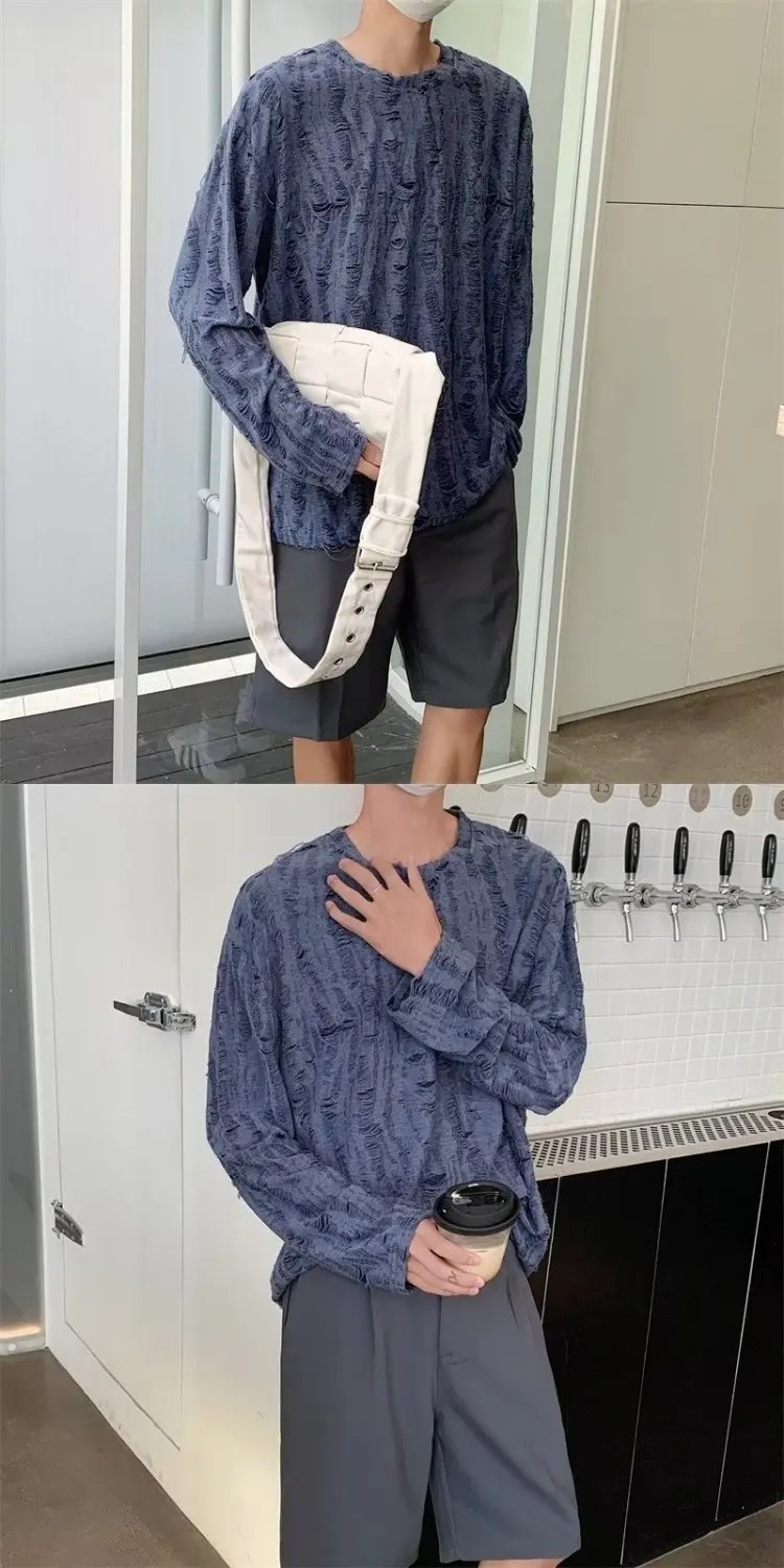 Men&rsquo;s Distressed Long Sleeve T-Shirt Harajuku Aesthetic Ripped Pullover Top