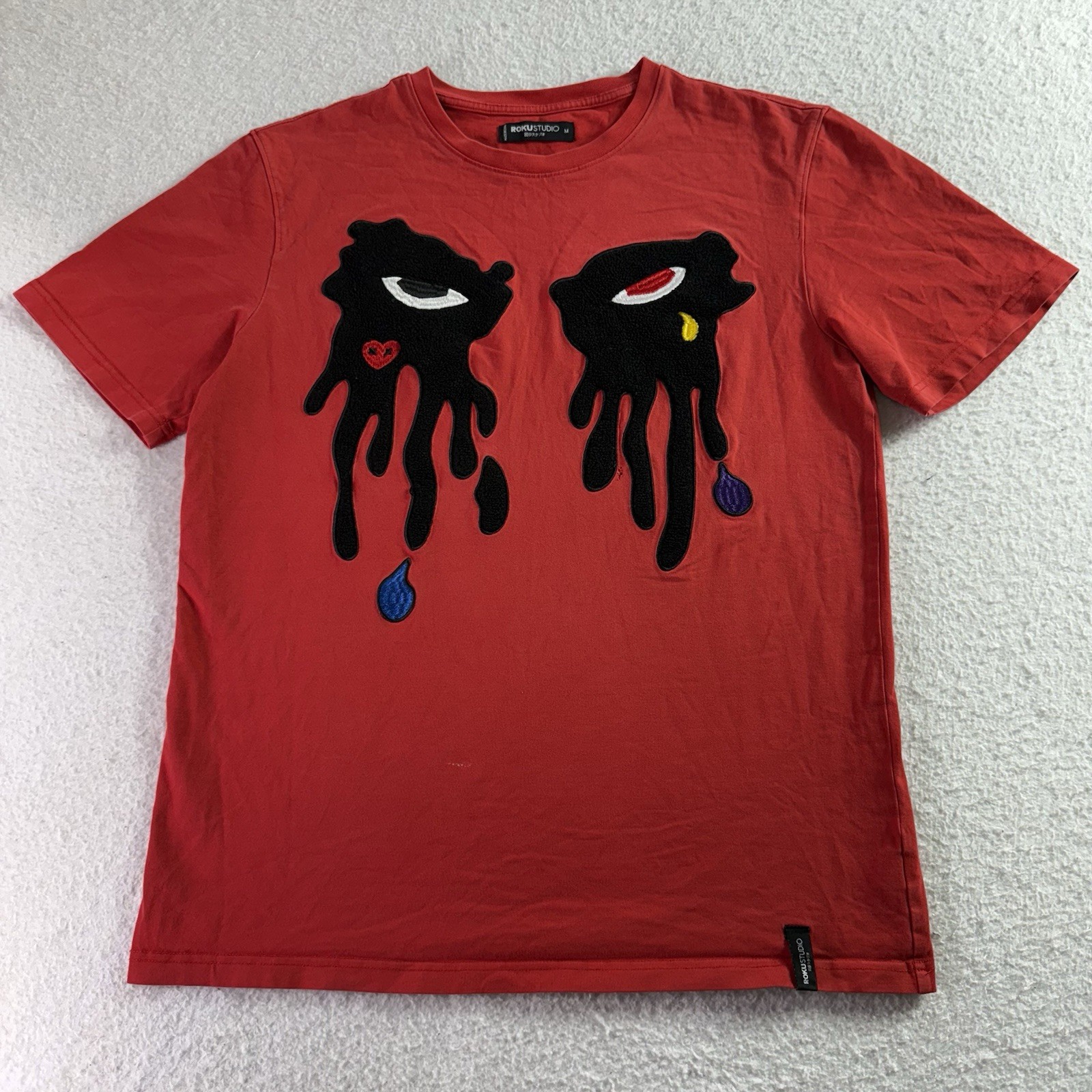 Roku Studio T-Shirt Men Size M Embroidered Tear Drop Eyes Deep Red