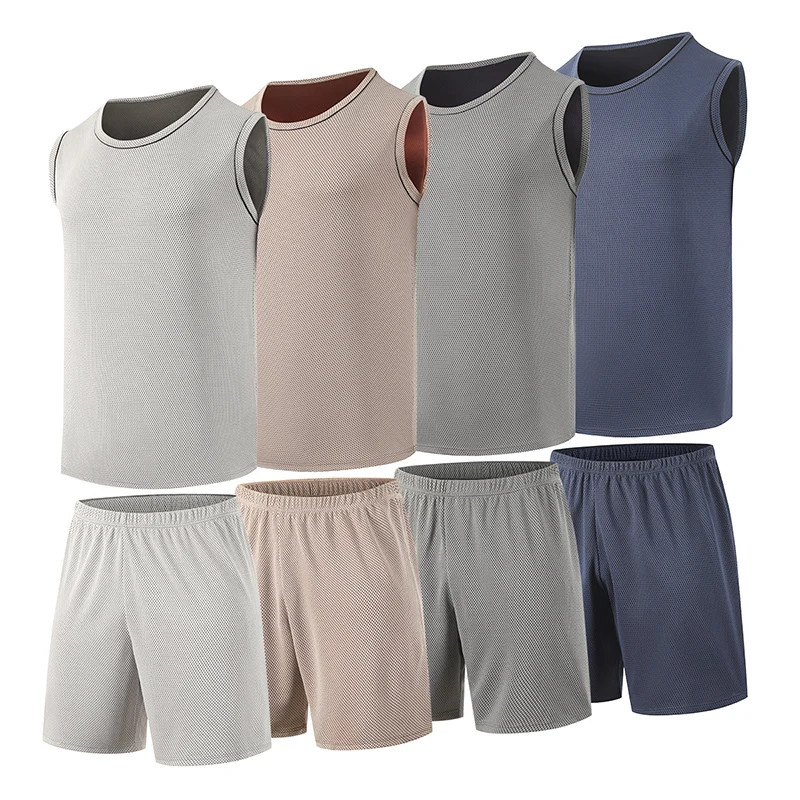 2-Piece Men&rsquo;s Set Round Neck Short Sleeved Set Solid Color Mesh Summer Quick Dry