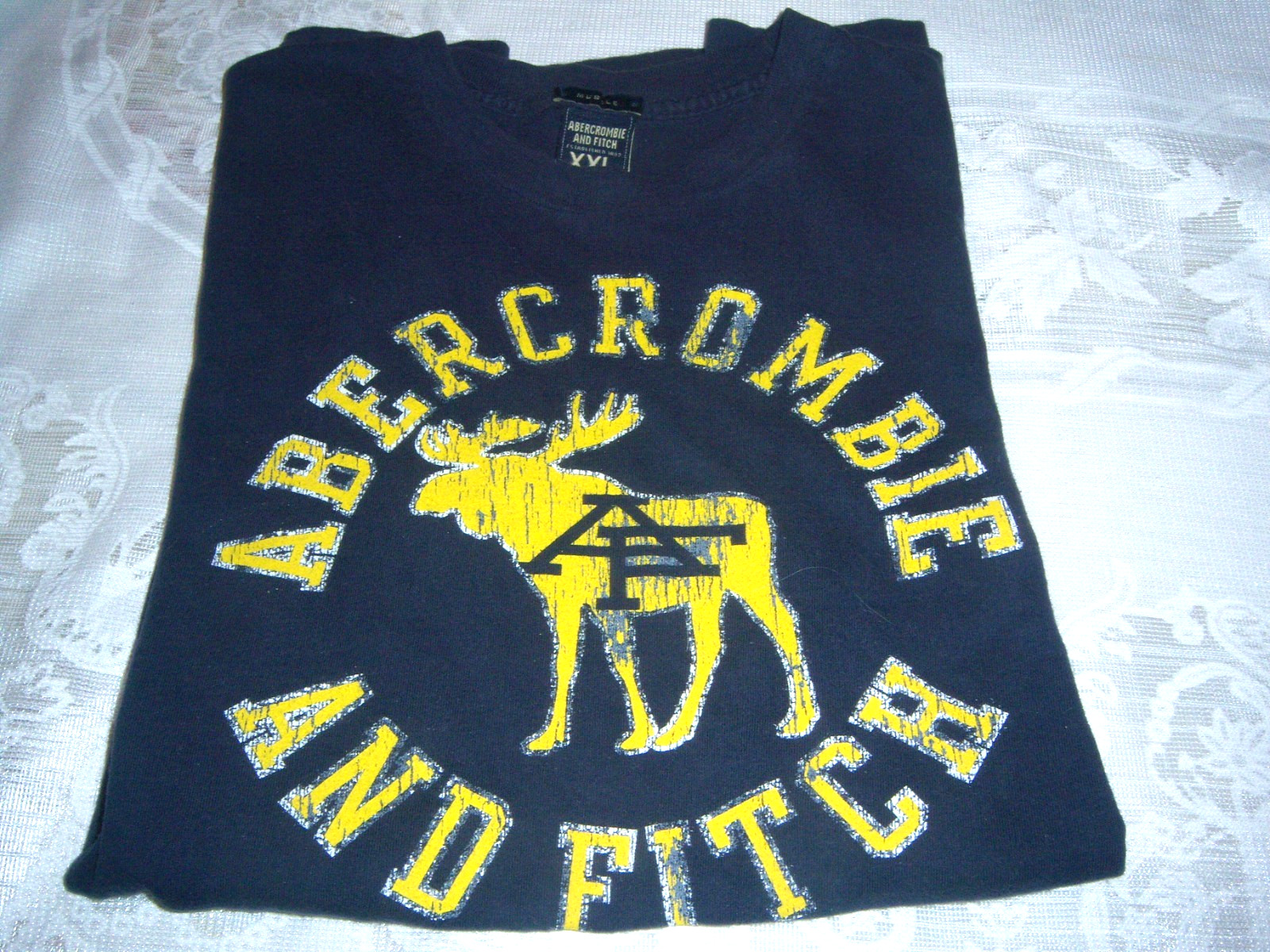 Abercrombie & Fitch Mens Muscle Fit T-Shirt Navy Yellow Logo LARGE Moose sz XXL