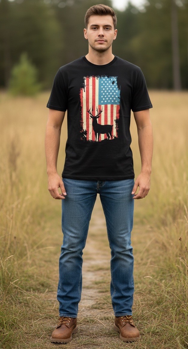 American Flag/Deer T-shirt Size L 9Pre-Loved)