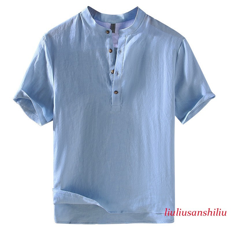 Retro Style Short Sleeve Pullover Mens Stand Collar 100% Linen Shirt Half Button