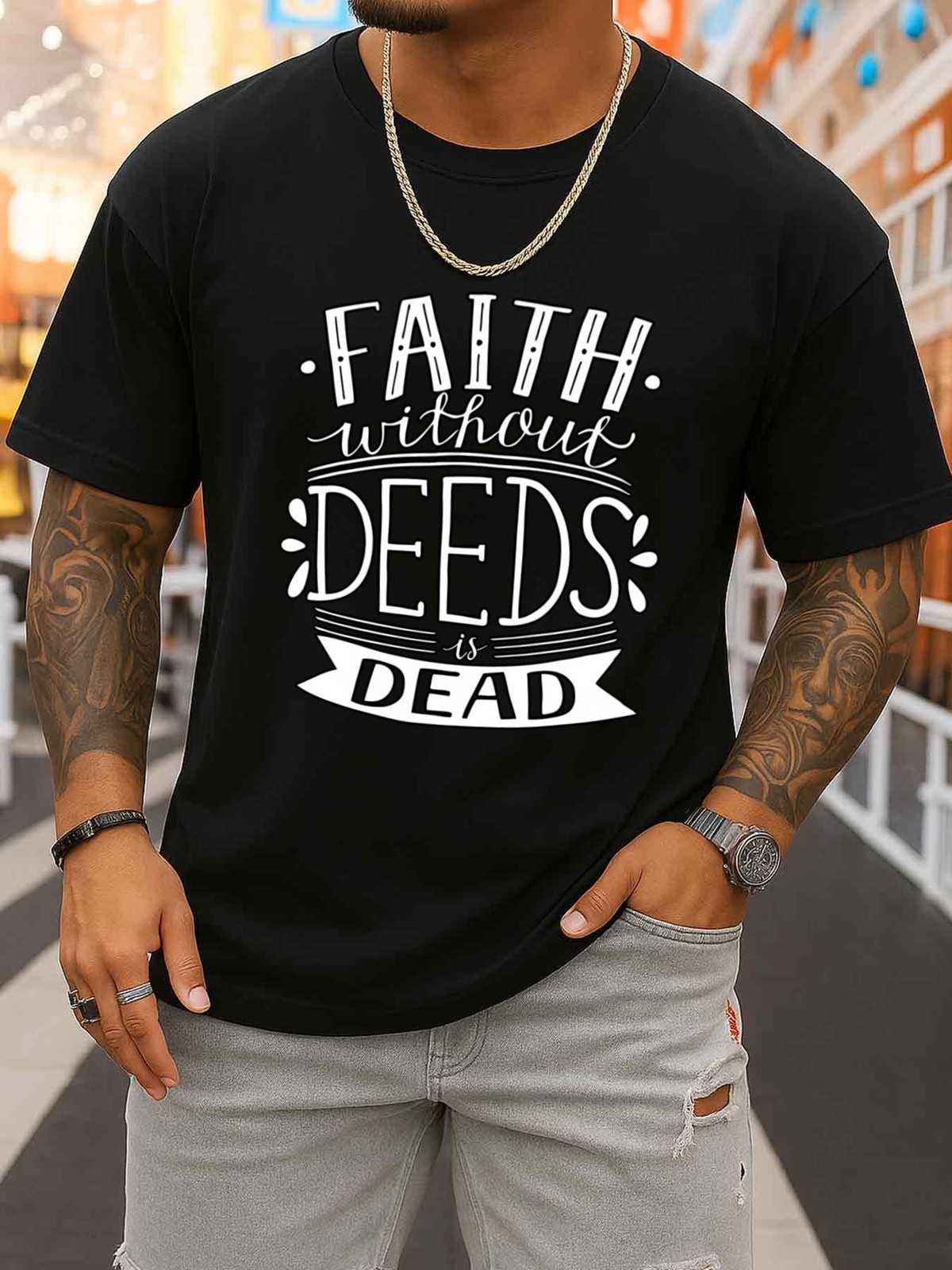 Men&rsquo;s Black T-Shirt with &lsquo;Faith Deeds Dead&rsquo; Print – Breathable Slight Stretch