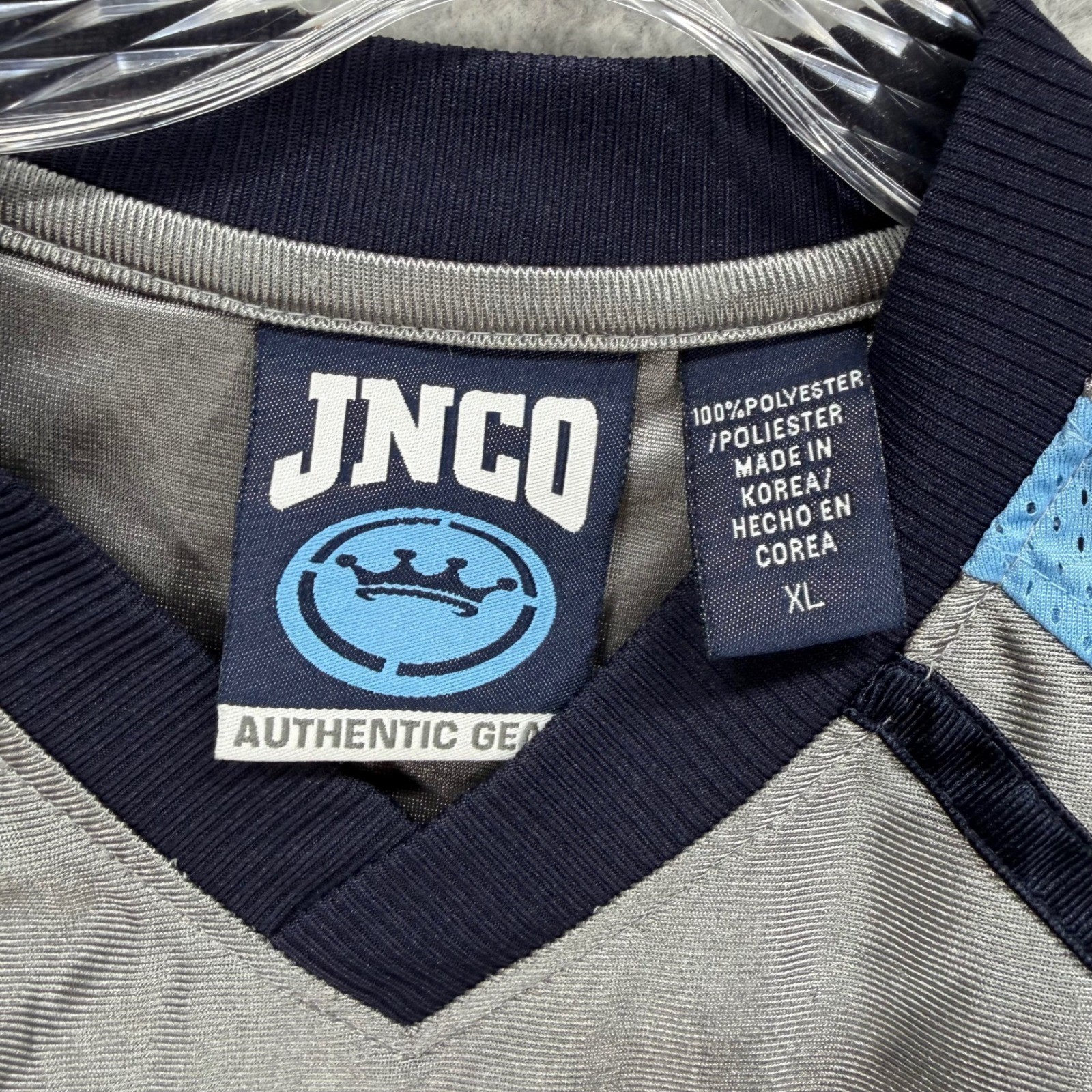JNCO Jersey Mens XL Grey Blue Tribal Sabertooth 85 Graphic V-Neck Vintage 90s
