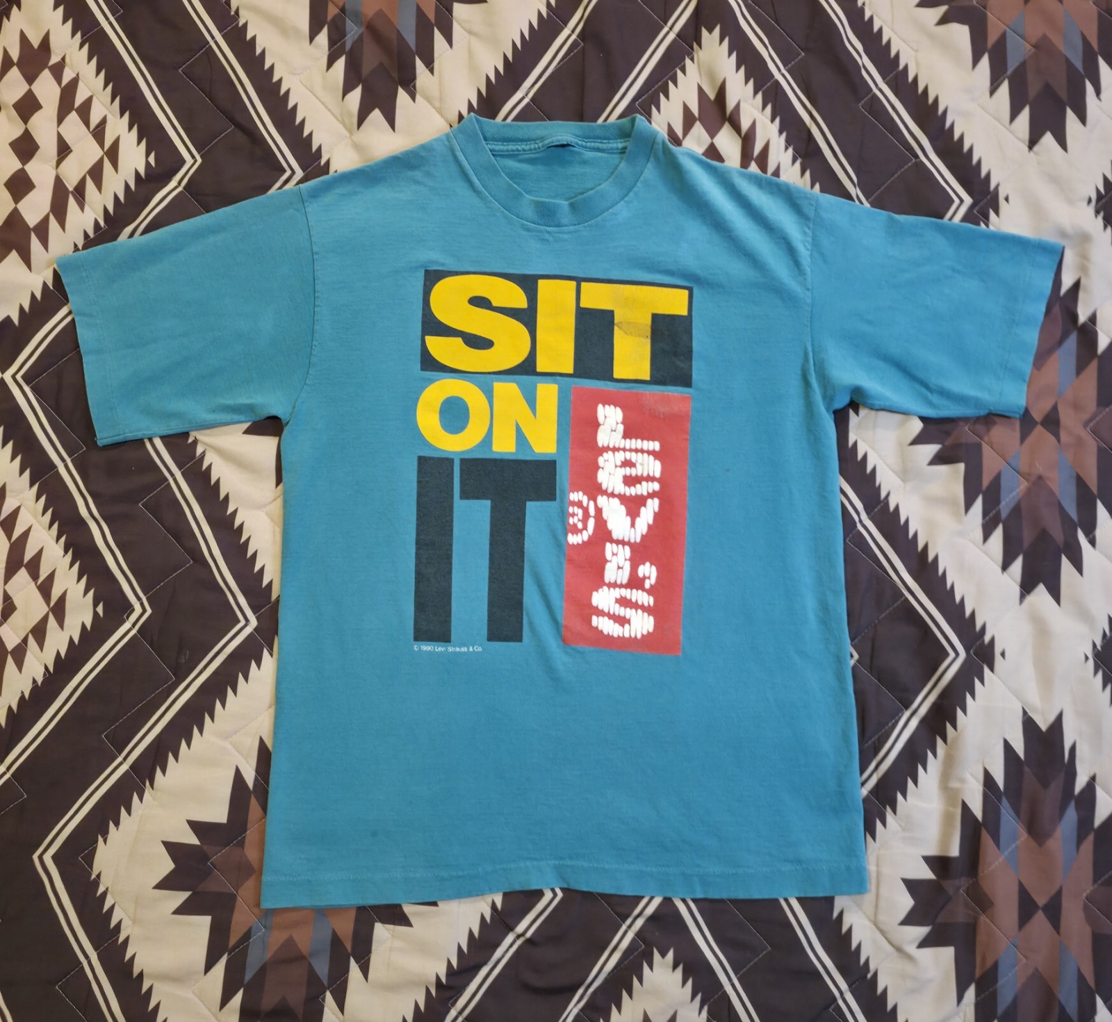 Vtg 1990 Levi&rsquo;s Sit On It Single Stitch Graphic T Shirt Teal Blue Size Medium