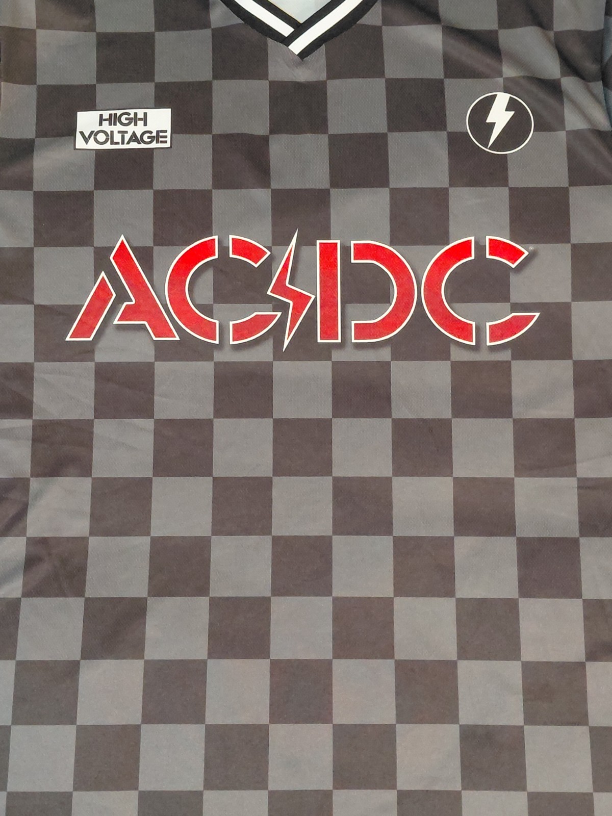 ACDC High Voltage Soccer Style Jersey Checkered V-neck Size XL Charcoal Black