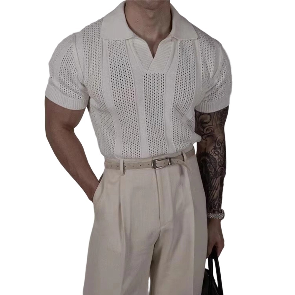 Men Hollow Lapel T Shirt Knitted Texture Fabric Korean Style for Daily Outings