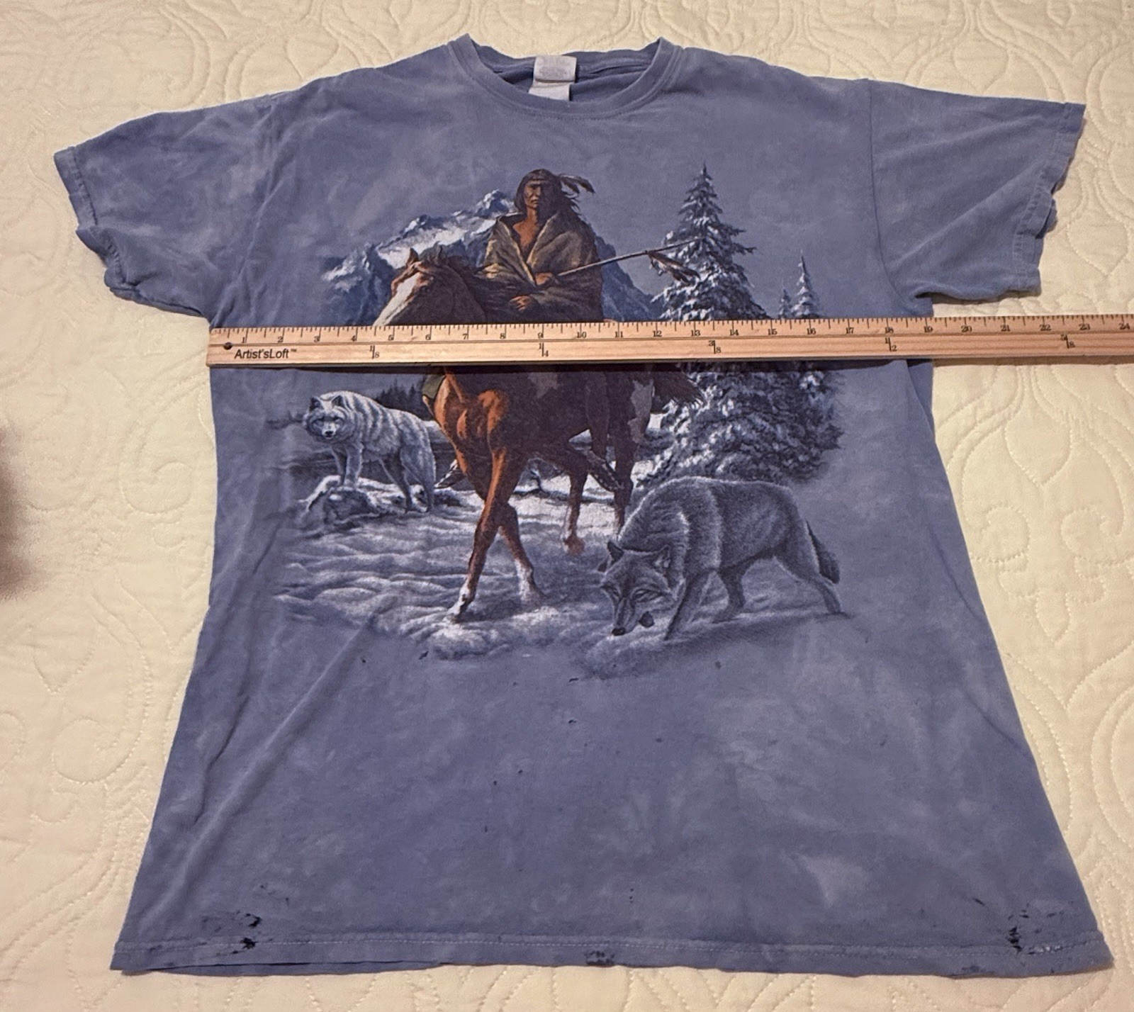 Native American Wolf Vintage Men’s Shirt Back To Earth Tie Dye Blue1990s *READ