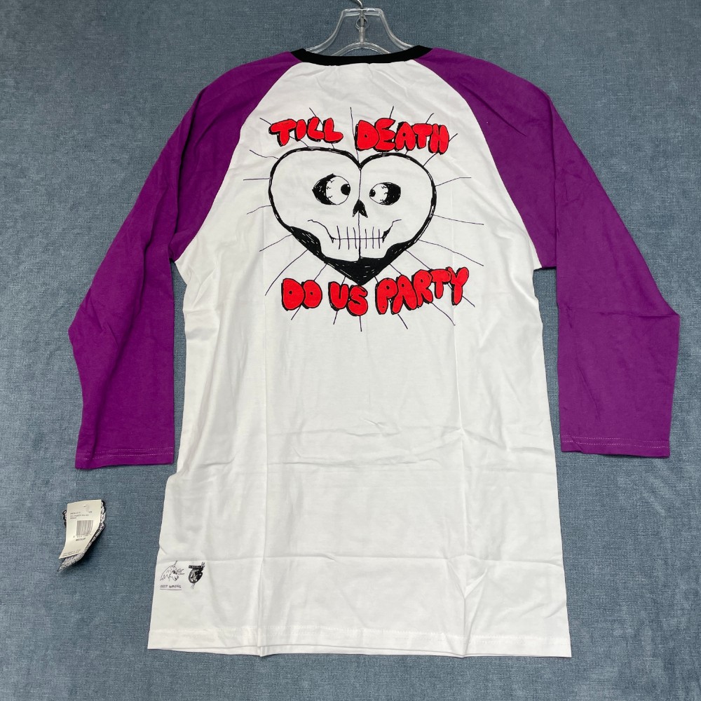 Volcom Till Death Do Us Party T Shirt Mens Medium White Purple Raglan Sleeve
