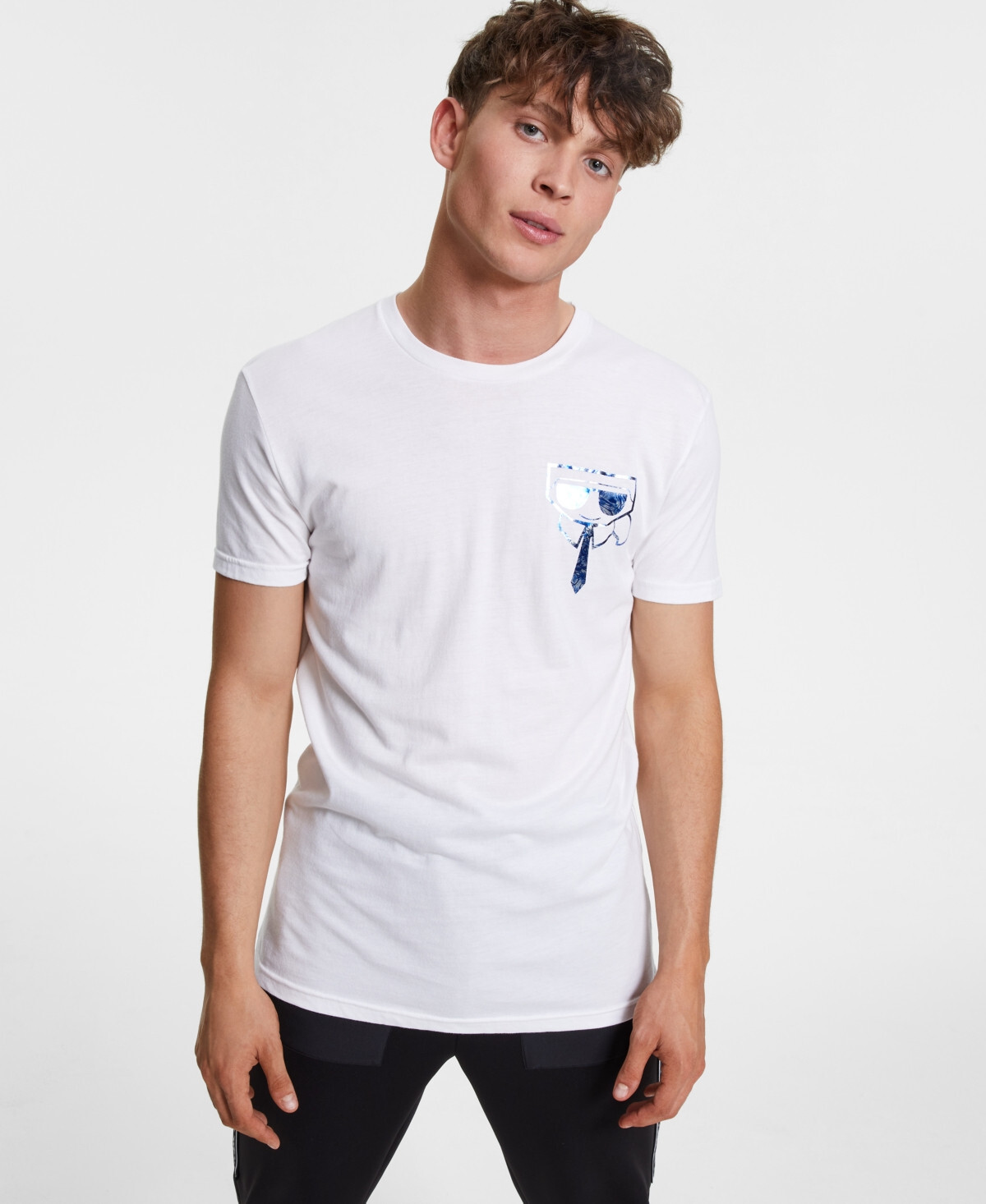 Karl Lagerfeld Paris Men&rsquo;s Foil Character on Chest T-shirt, White Blue Foil XL