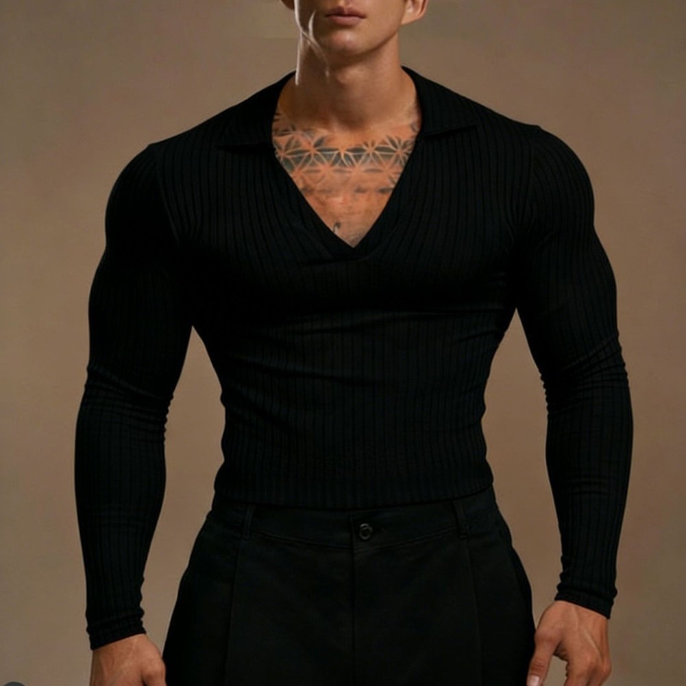 Men&rsquo;s Athletic Pullover Top with V Neck Long Sleeves and Bold Stripe Design