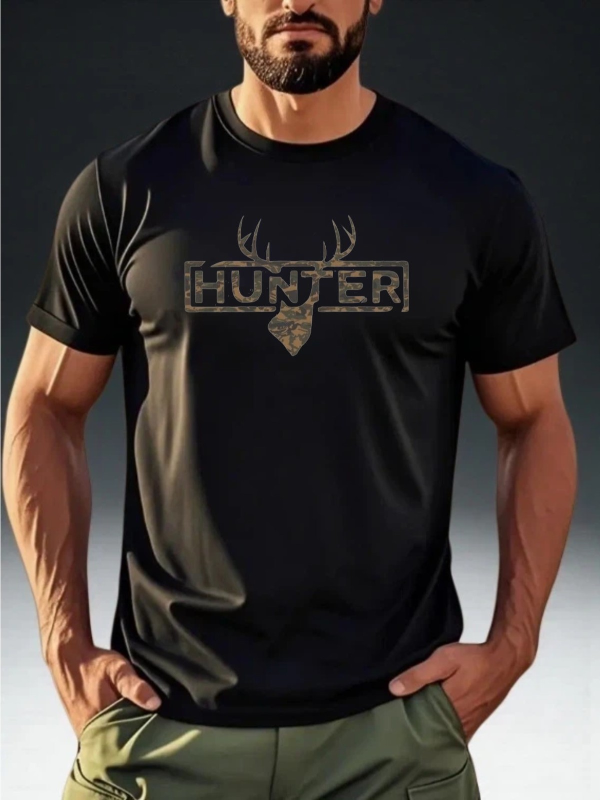 Camo Hunter Deer Antler Graphic T-Shirt Outdoor Hunting Camouflage Tee
