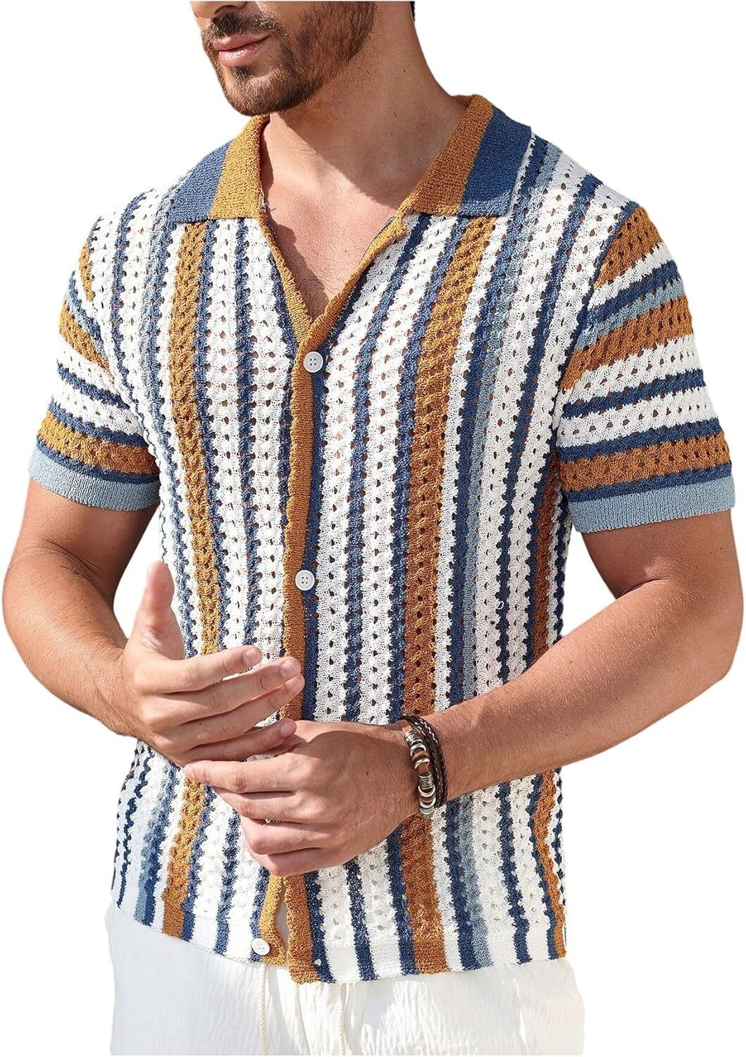 Men&rsquo;s Half Sleeve Crochet Knit Shirt Striped Hollow Out Collared Button Down Top