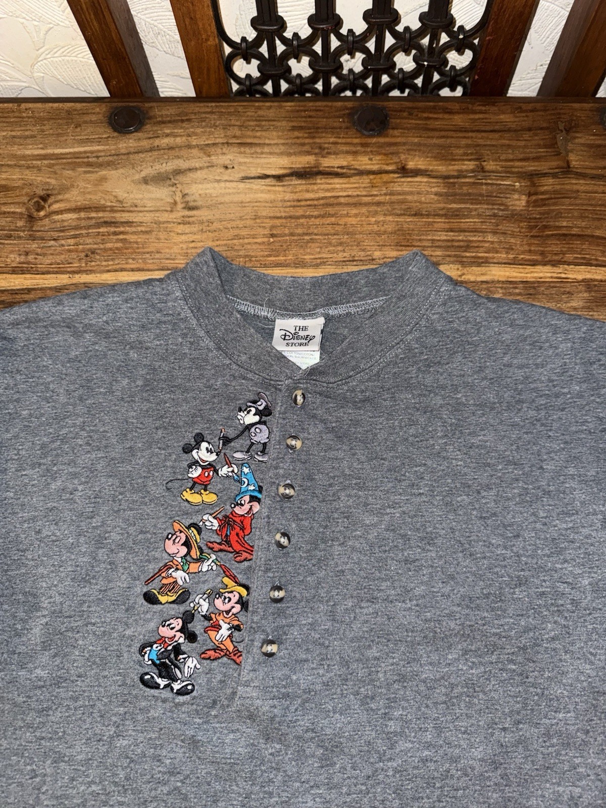 Vintage Disney Henley Shirt Mens L Grey 90s Mickey Fantasia Embroidery Graphic