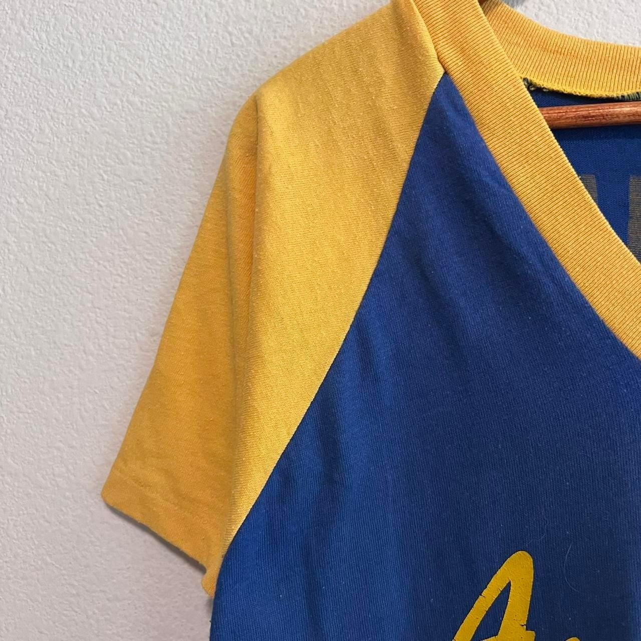 Vintage 70s Sportswear Athletic Shirt Two Tone Flock Print Blue T Shirt Size M