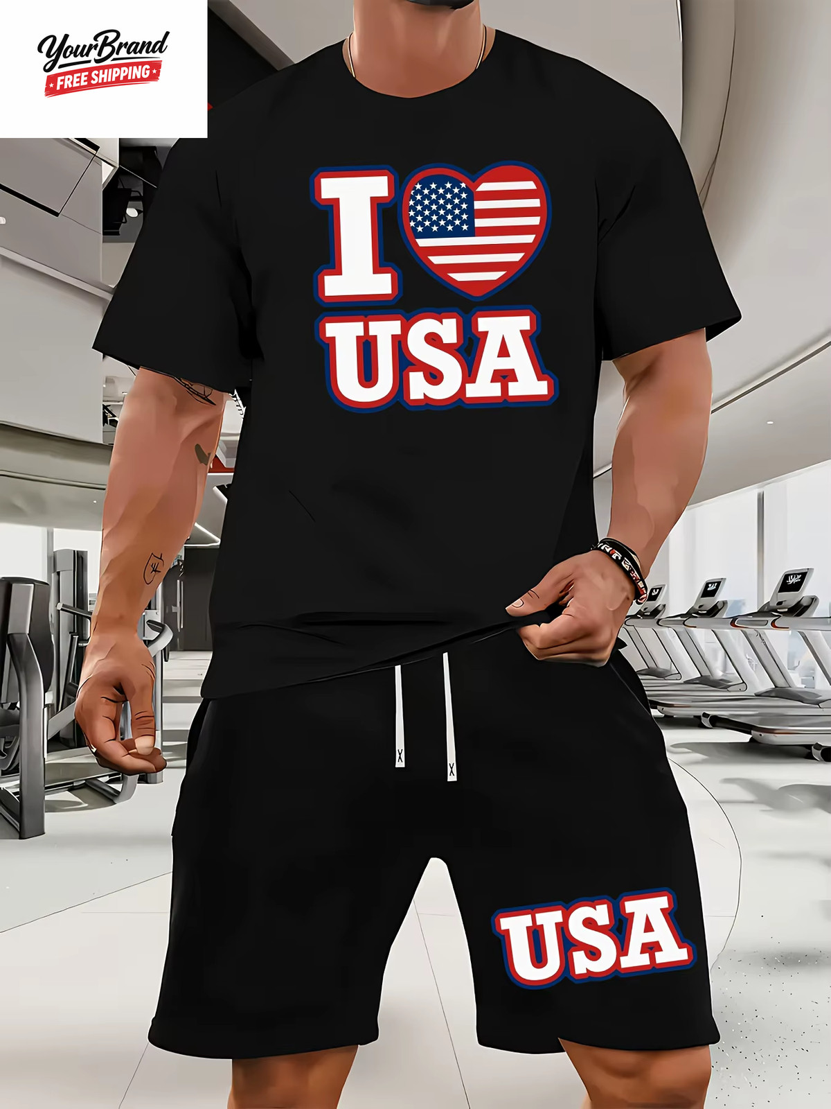 Fashion American Flag Graphic Print T-Shirt Shorts 2-Piece Set Casual Men&rsquo;S USA