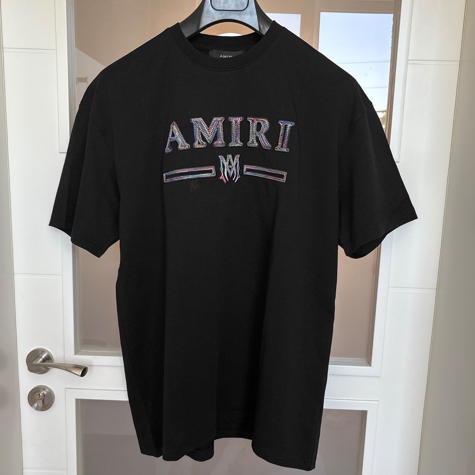 Amiri Big Colorful Logo Embroidery on Chest Black T-shirt Size XL