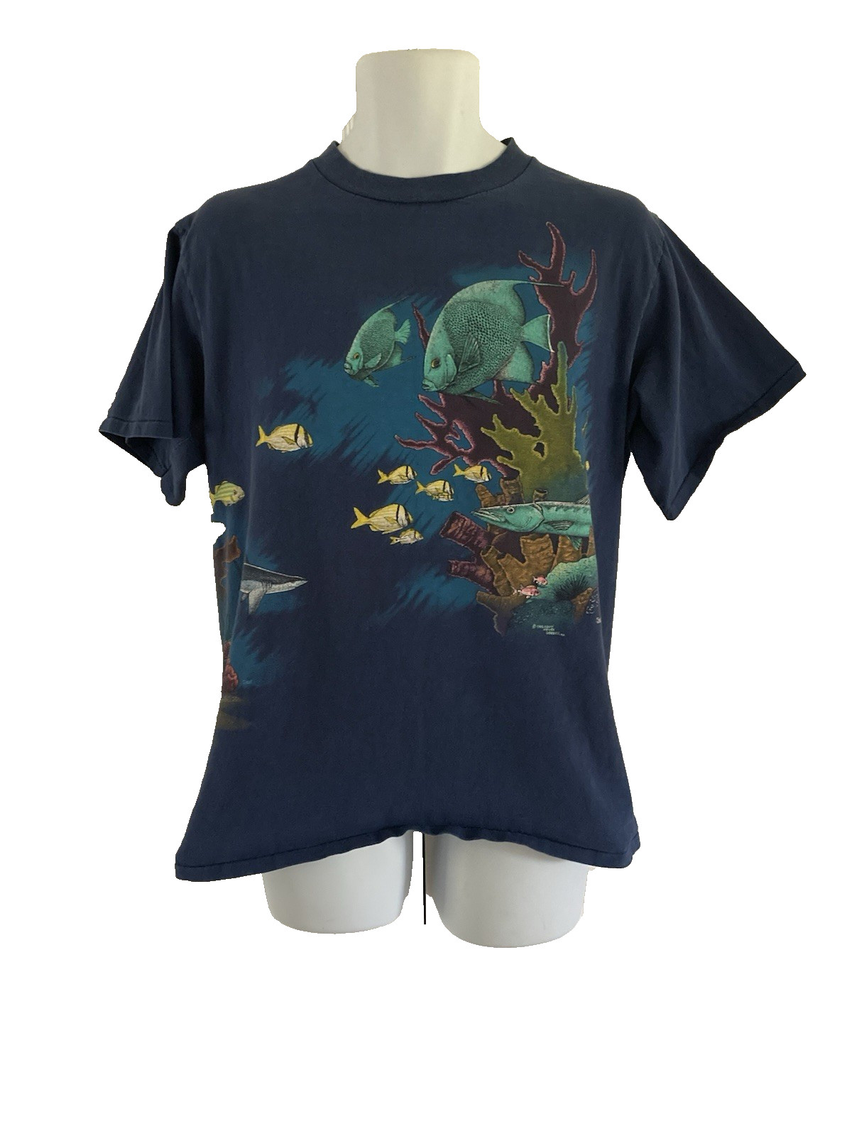 VINTAGE Harlequin Wrap Around Fish Shirt Men&rsquo;s Large Blue Ocean Nautical 90s USA